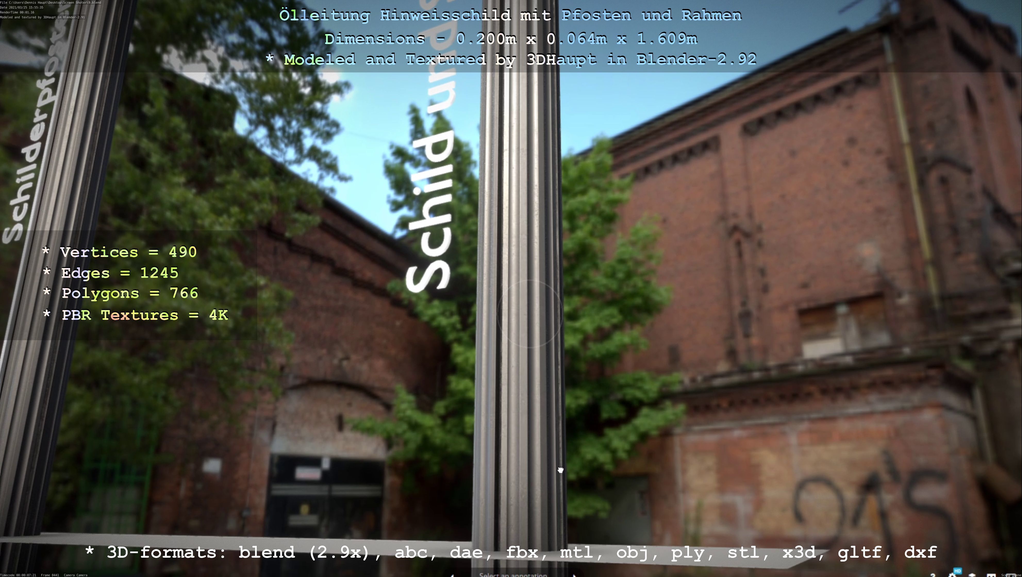 Hinweisschild Oelleitung mit Pfosten und Rahmen Low-poly 3D model_92