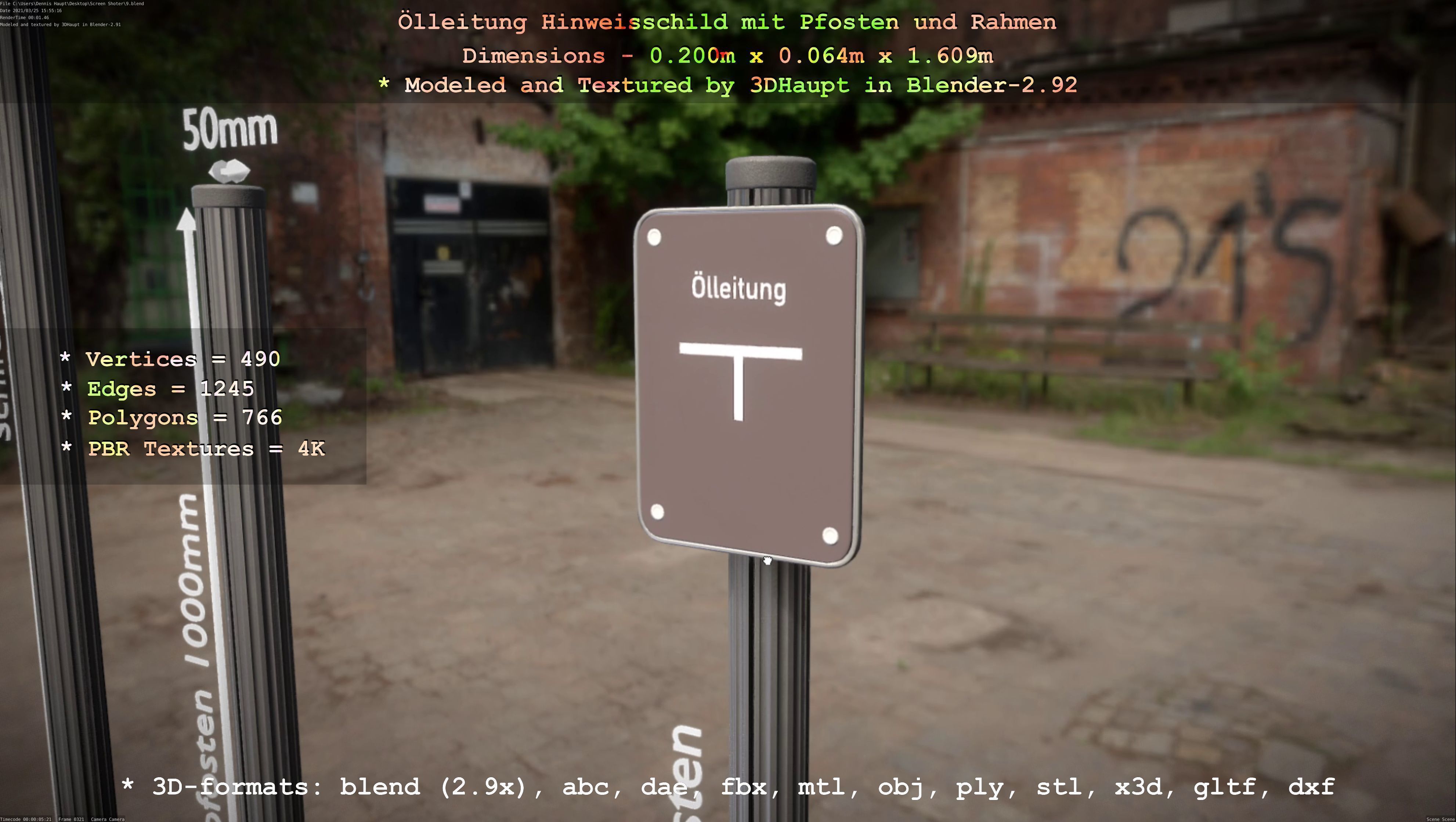 Hinweisschild Oelleitung mit Pfosten und Rahmen Low-poly 3D model_89