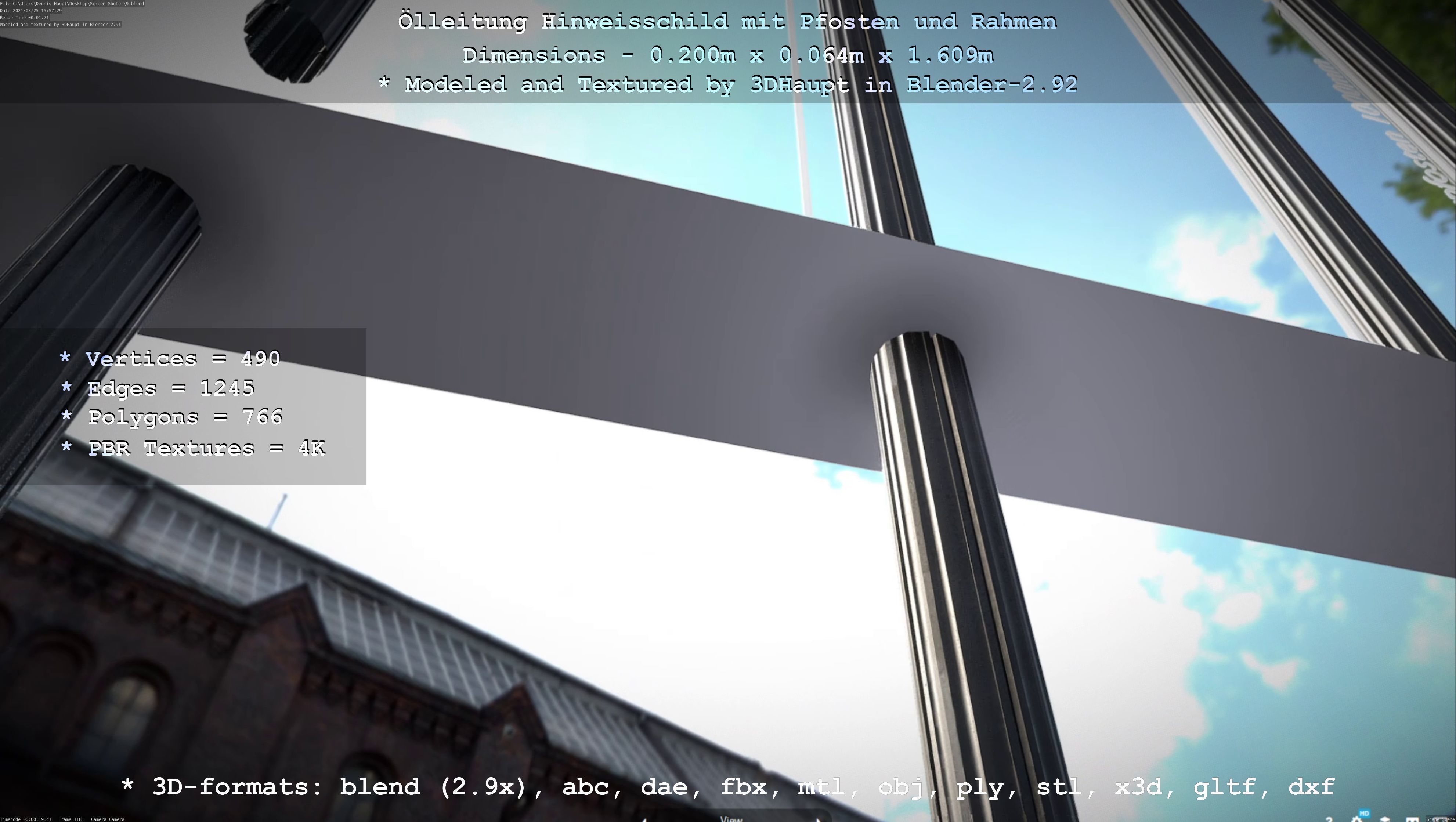 Hinweisschild Oelleitung mit Pfosten und Rahmen Low-poly 3D model_13