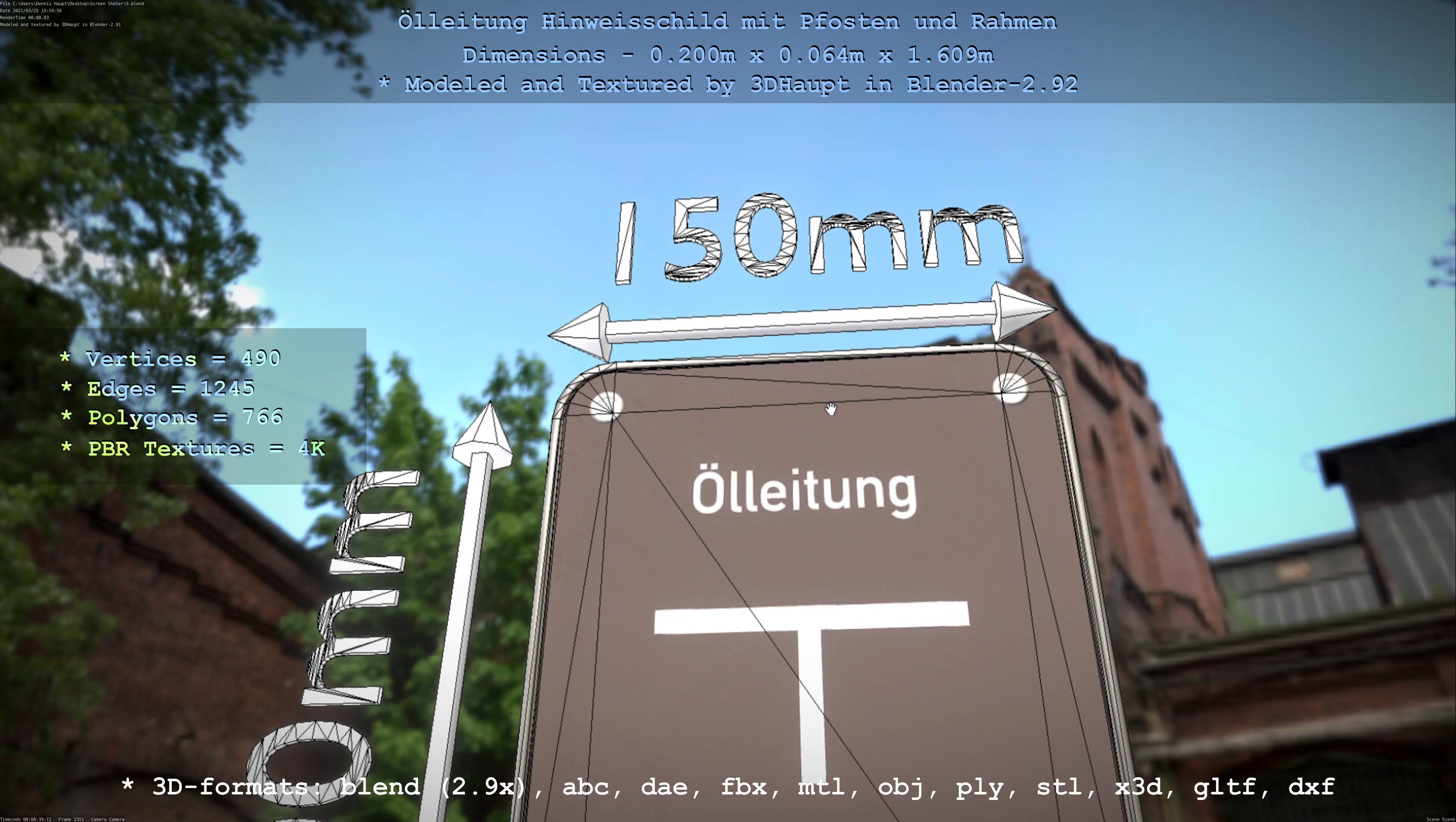 Hinweisschild Oelleitung mit Pfosten und Rahmen Low-poly 3D model_119