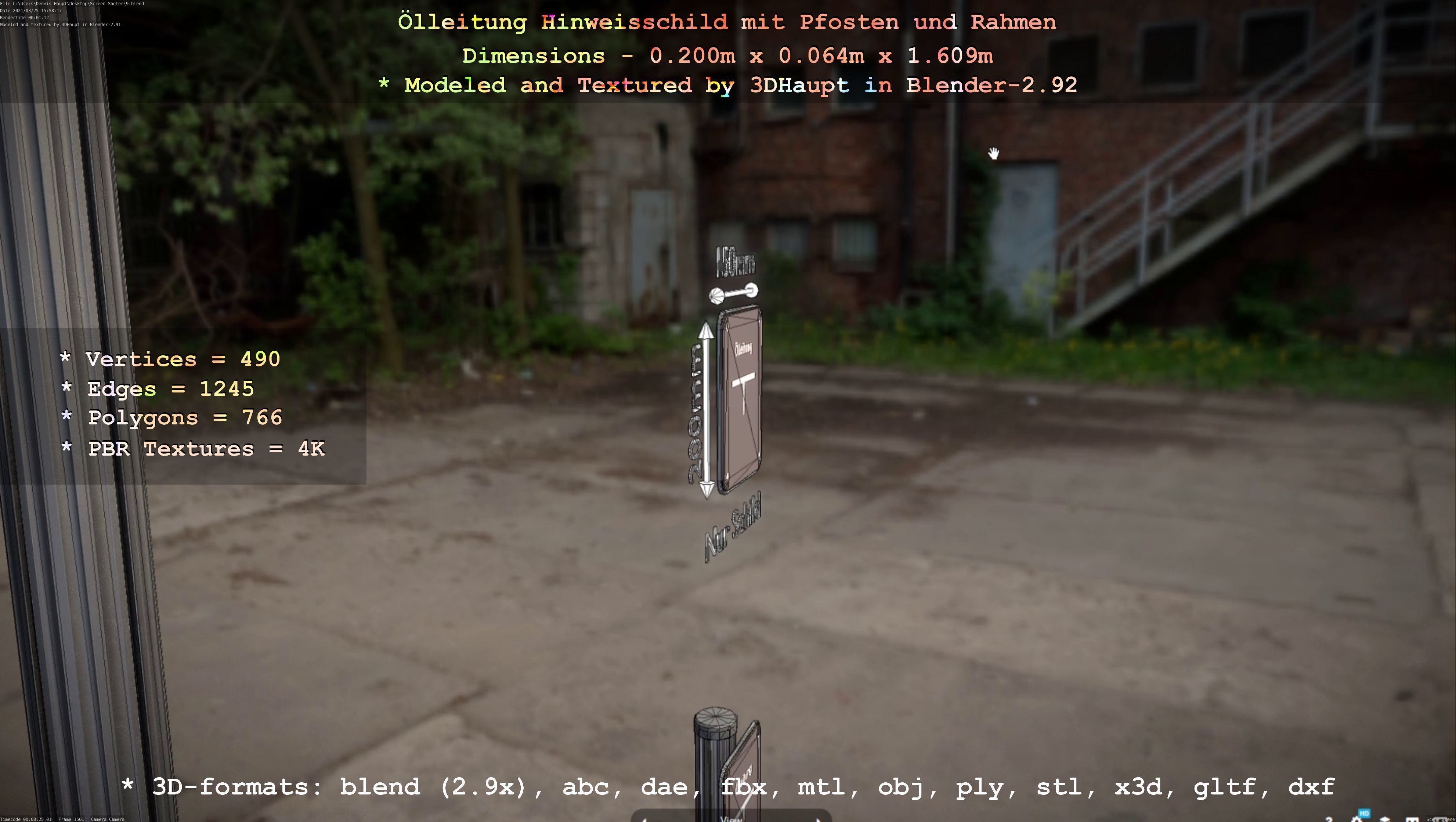 Hinweisschild Oelleitung mit Pfosten und Rahmen Low-poly 3D model_129