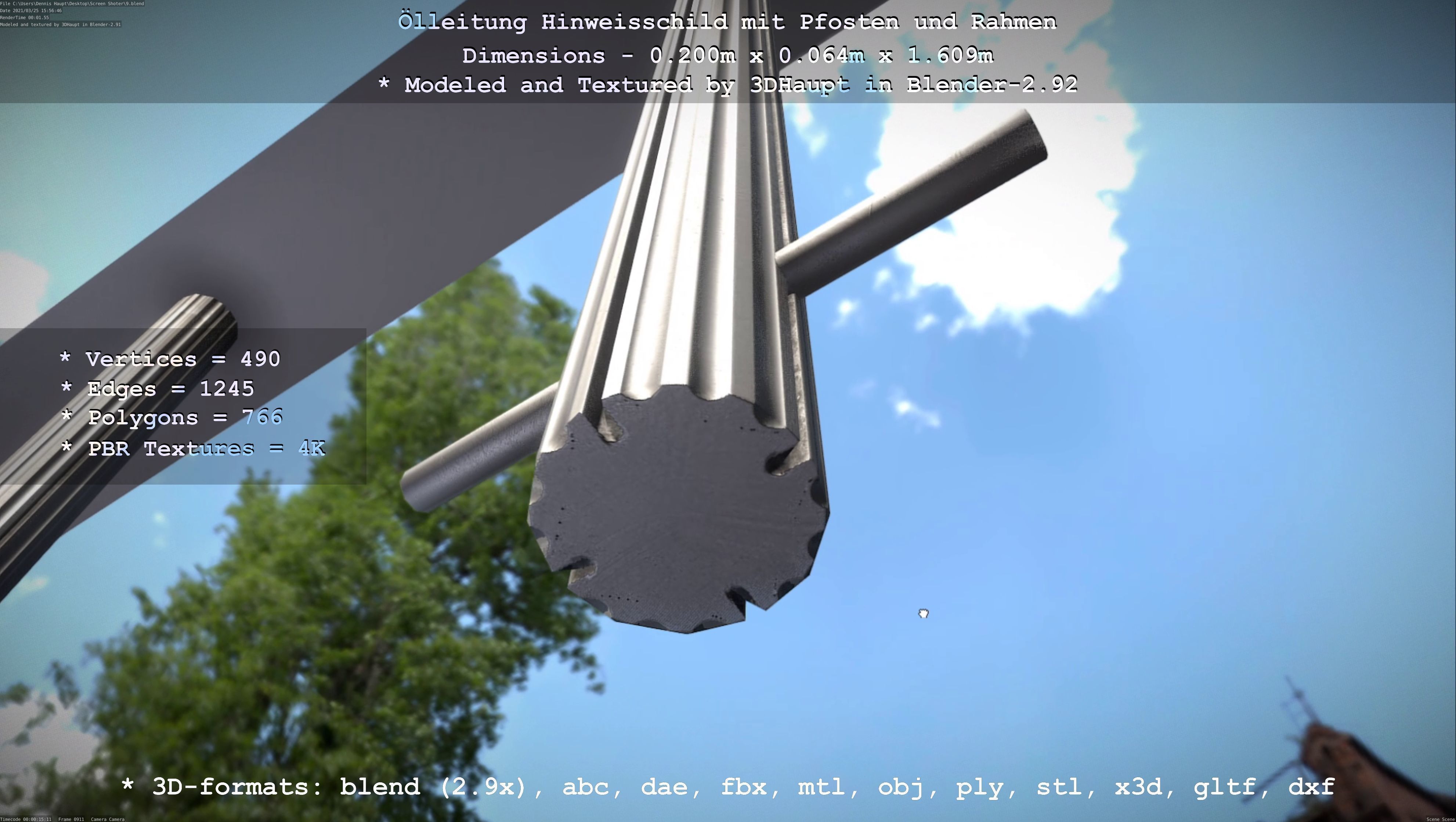 Hinweisschild Oelleitung mit Pfosten und Rahmen Low-poly 3D model_27