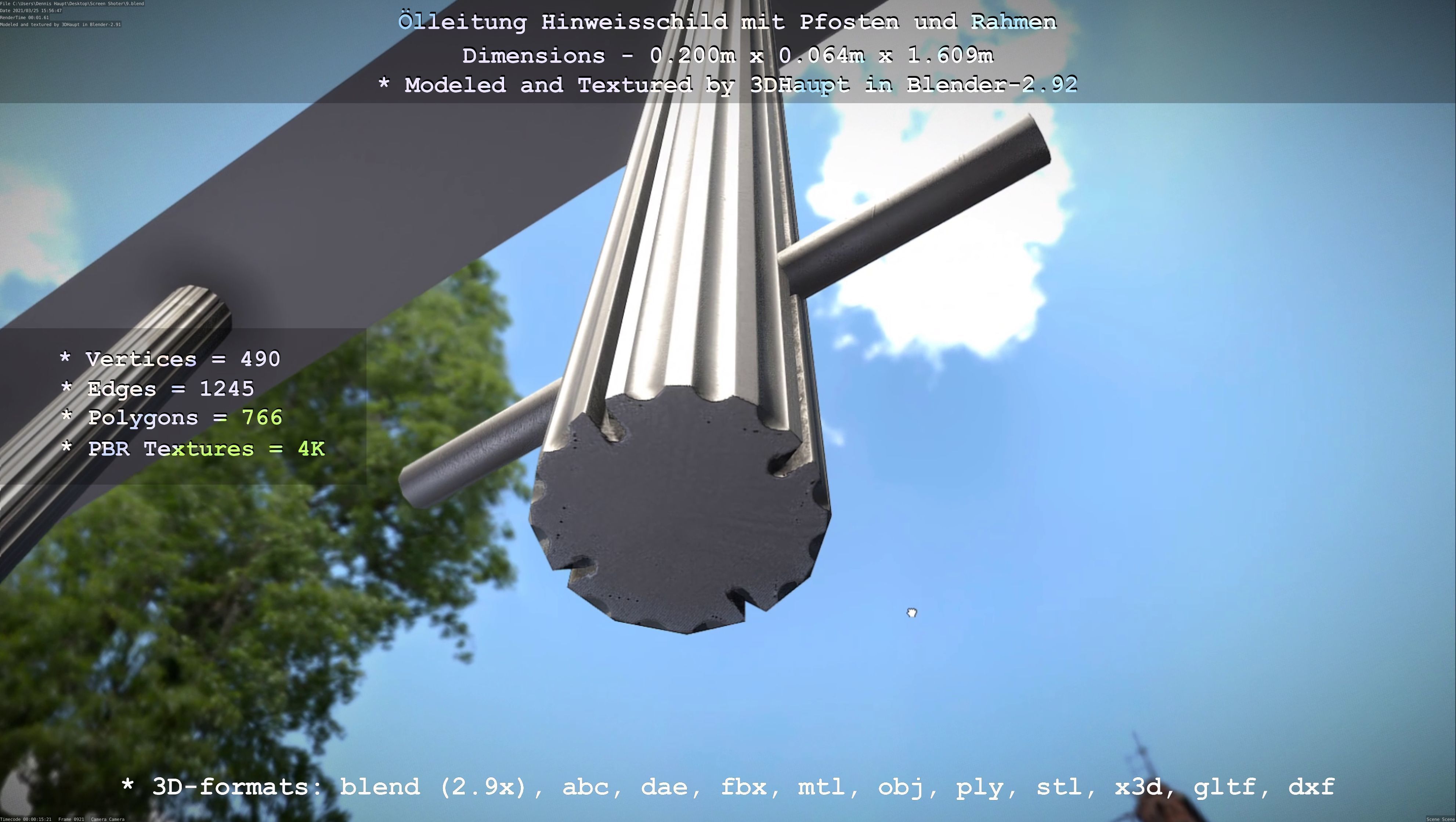 Hinweisschild Oelleitung mit Pfosten und Rahmen Low-poly 3D model_28