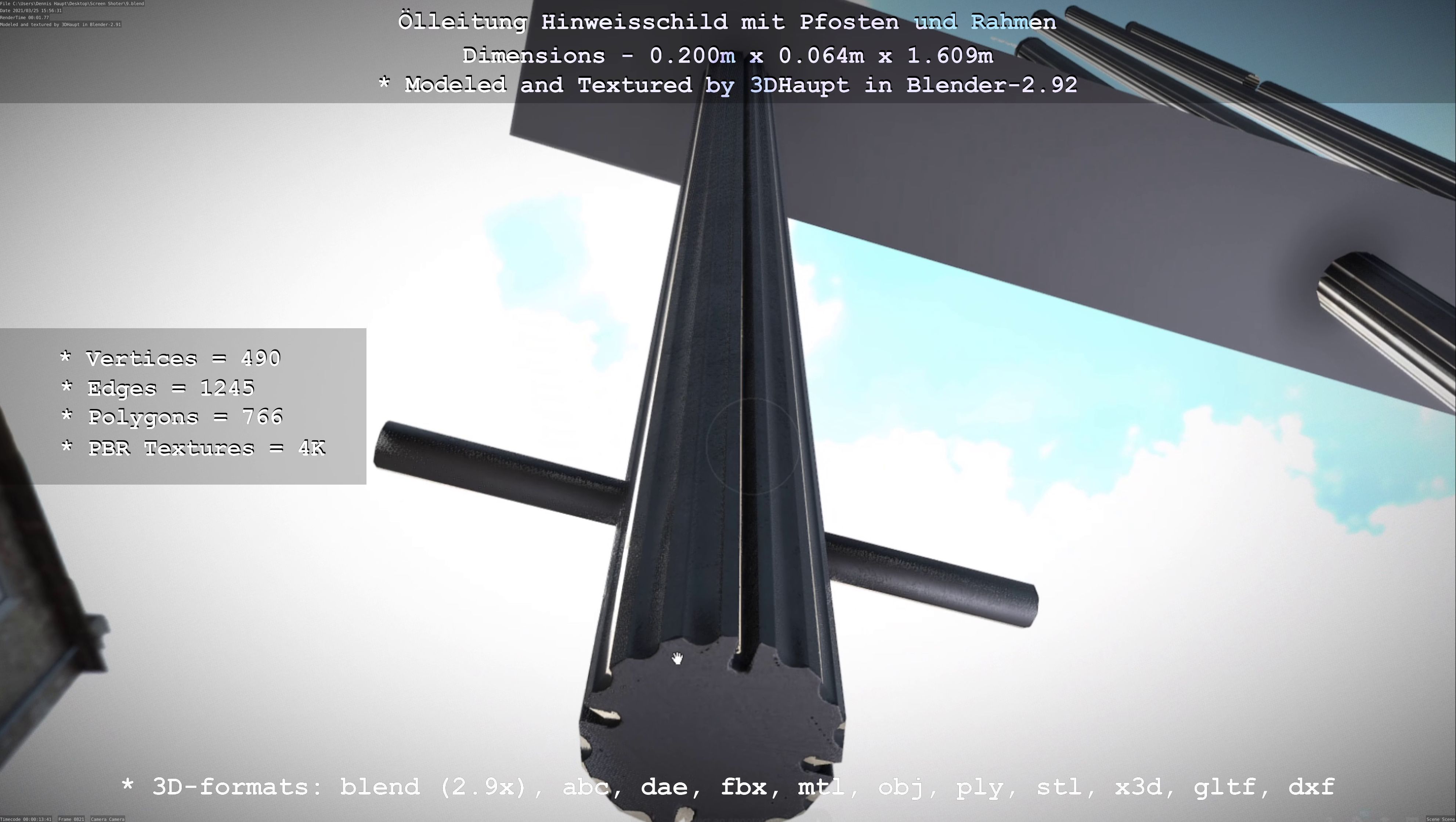 Hinweisschild Oelleitung mit Pfosten und Rahmen Low-poly 3D model_98