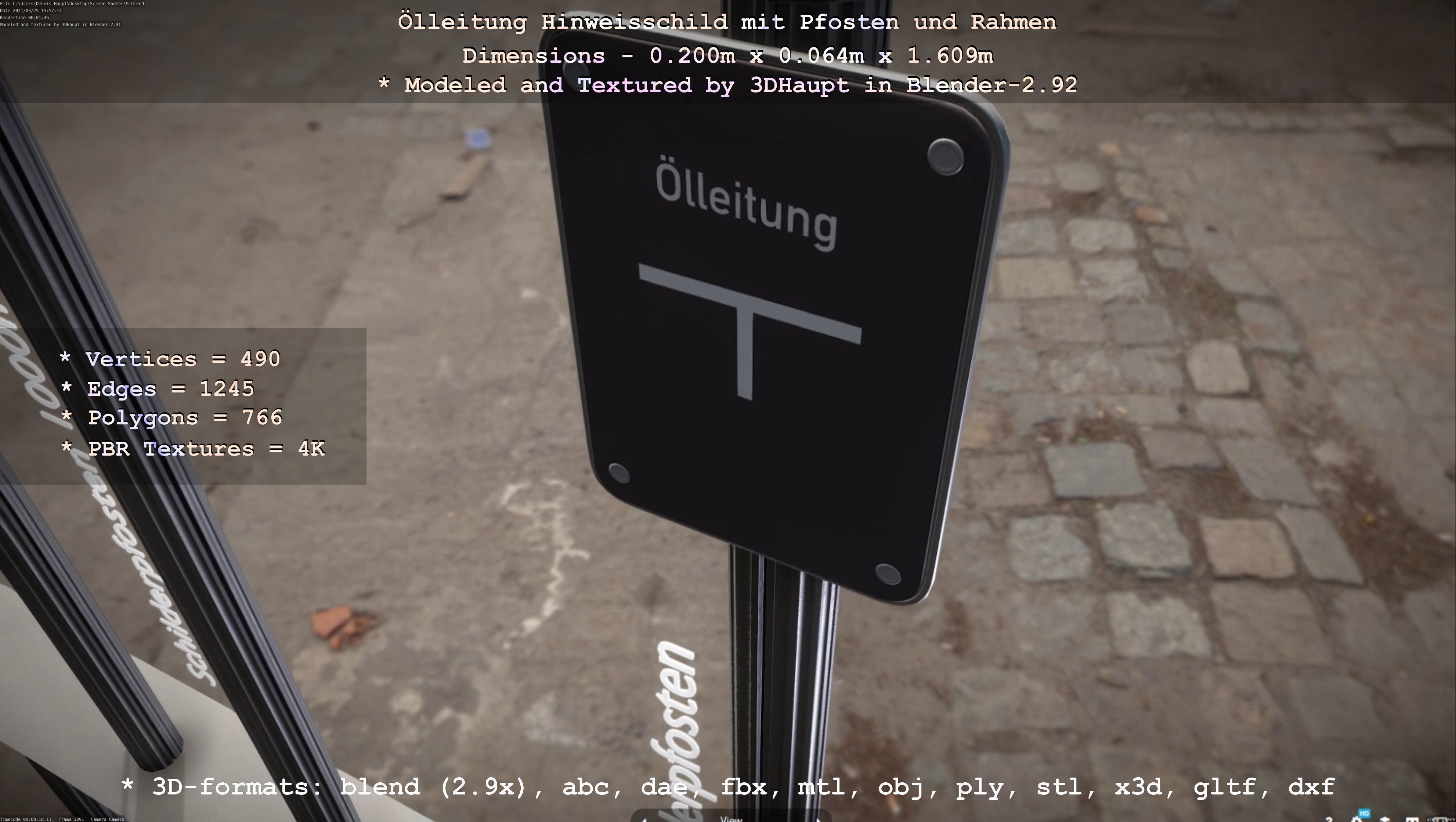 Hinweisschild Oelleitung mit Pfosten und Rahmen Low-poly 3D model_114