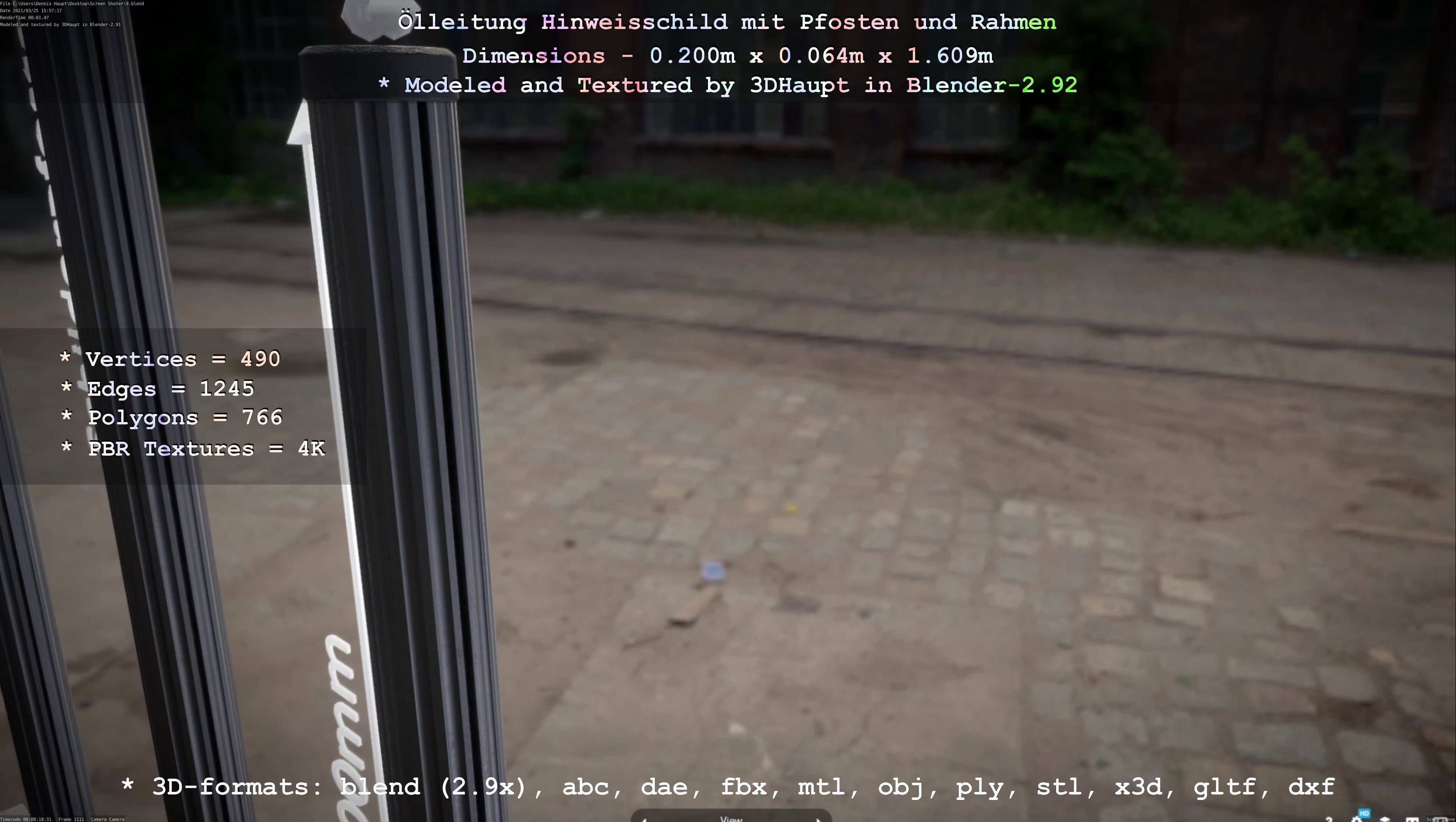 Hinweisschild Oelleitung mit Pfosten und Rahmen Low-poly 3D model_109