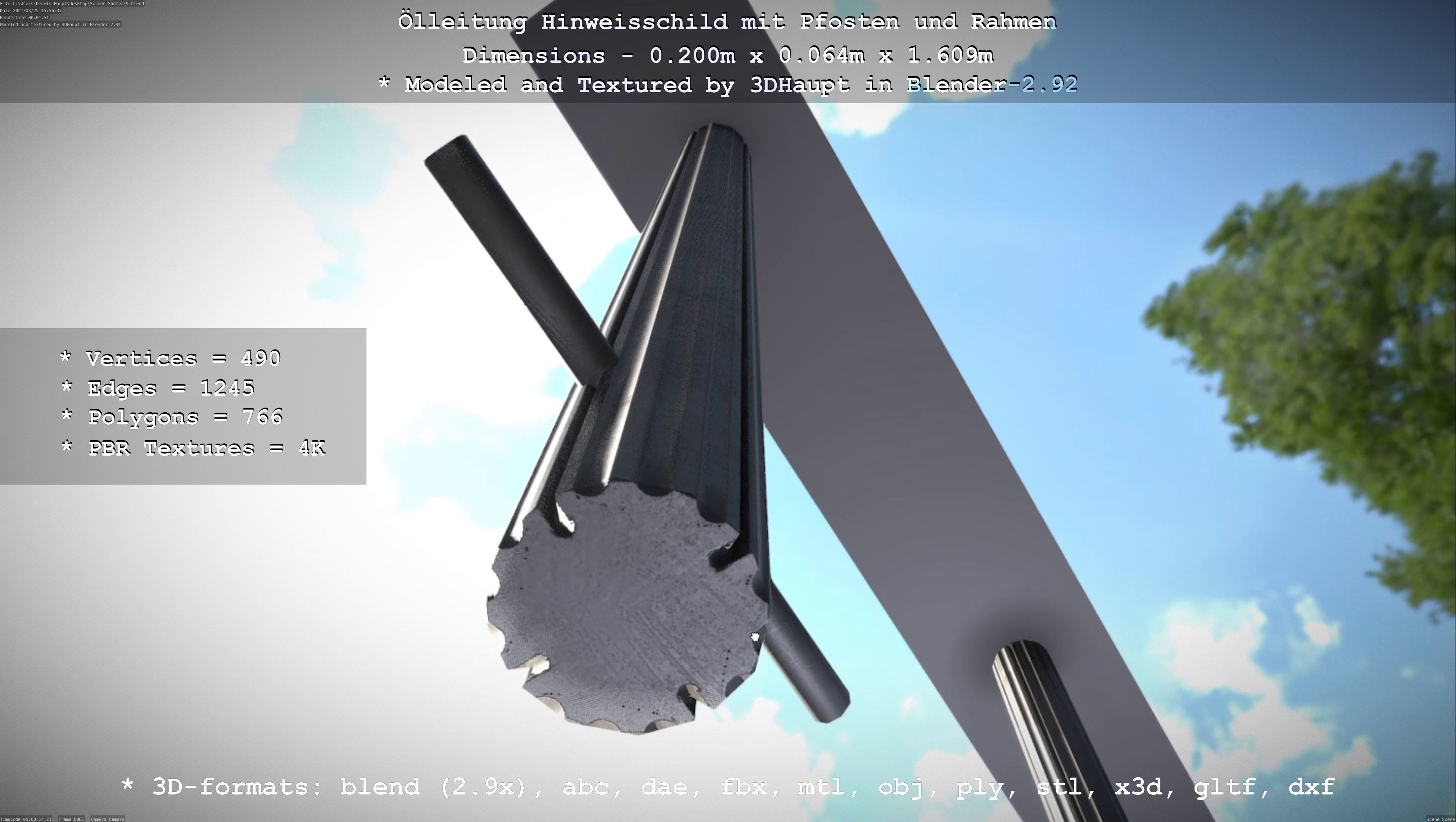 Hinweisschild Oelleitung mit Pfosten und Rahmen Low-poly 3D model_102