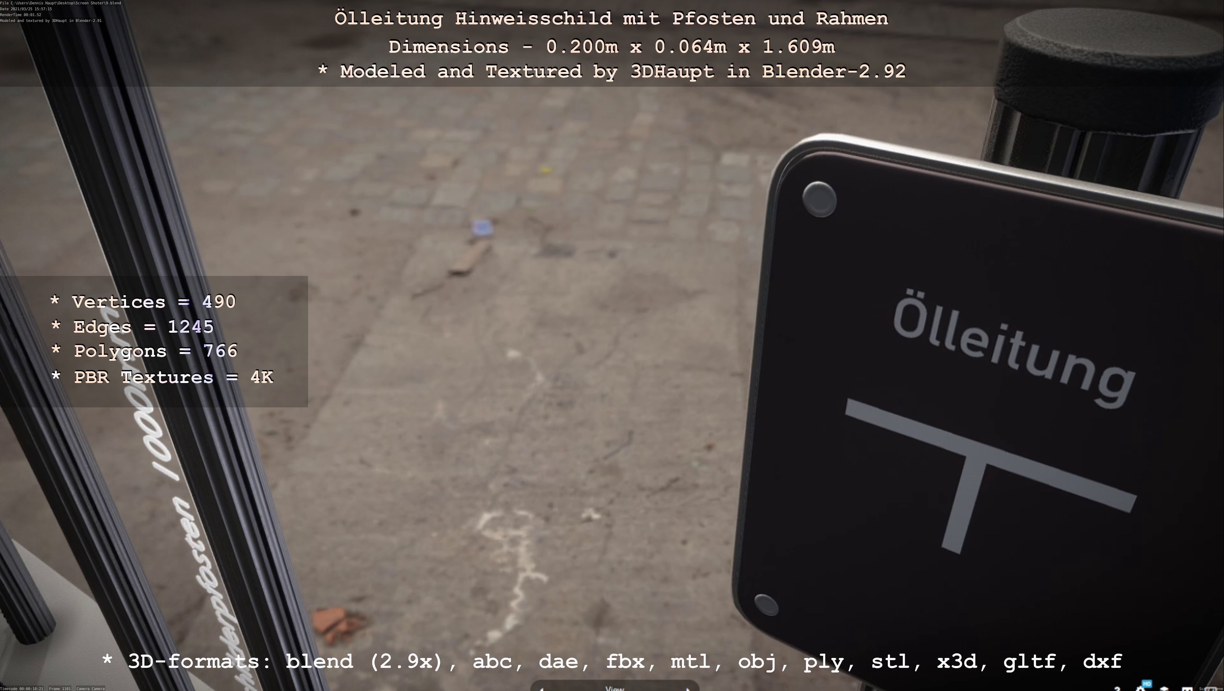 Hinweisschild Oelleitung mit Pfosten und Rahmen Low-poly 3D model_110