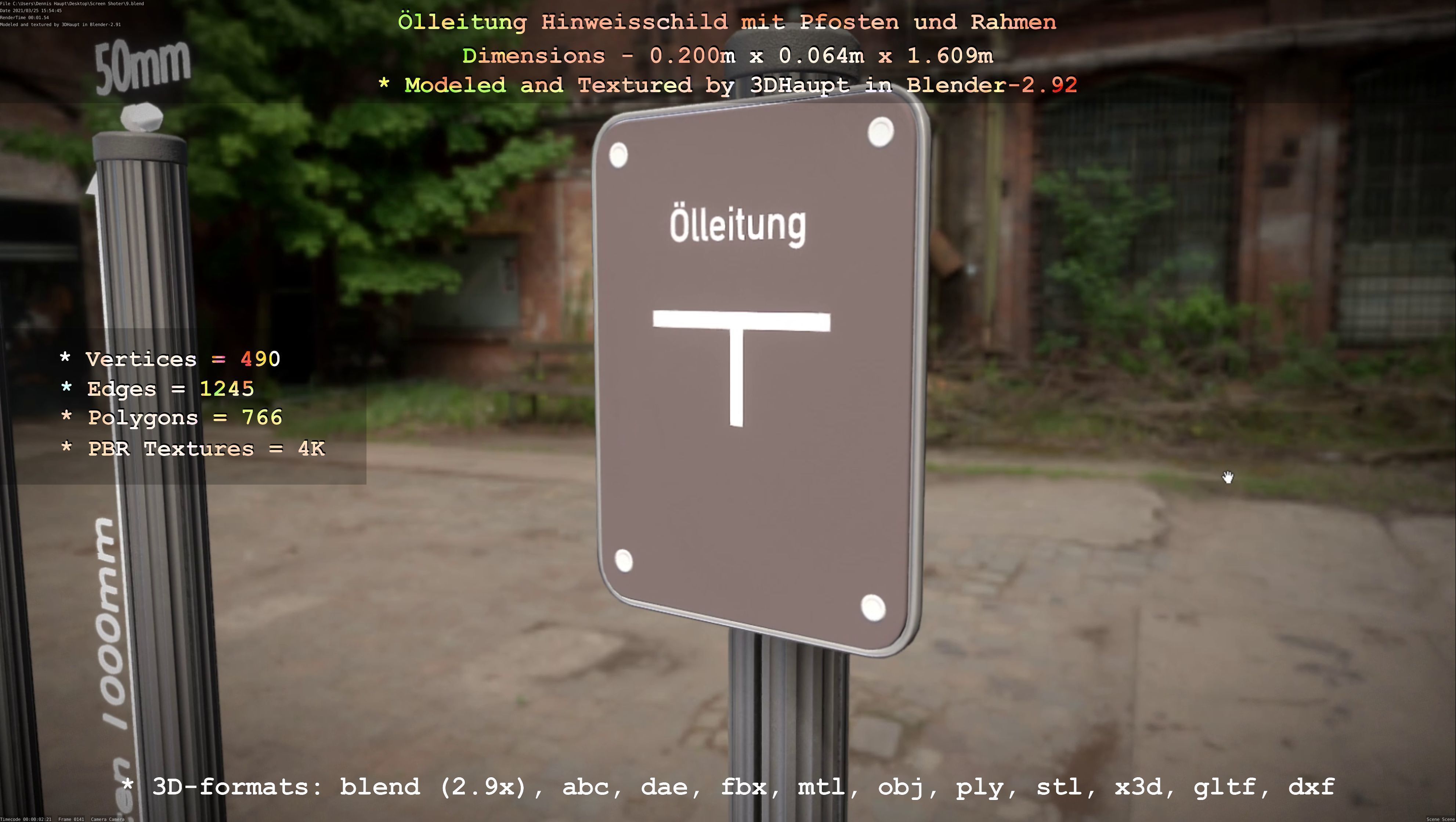 Hinweisschild Oelleitung mit Pfosten und Rahmen Low-poly 3D model_20