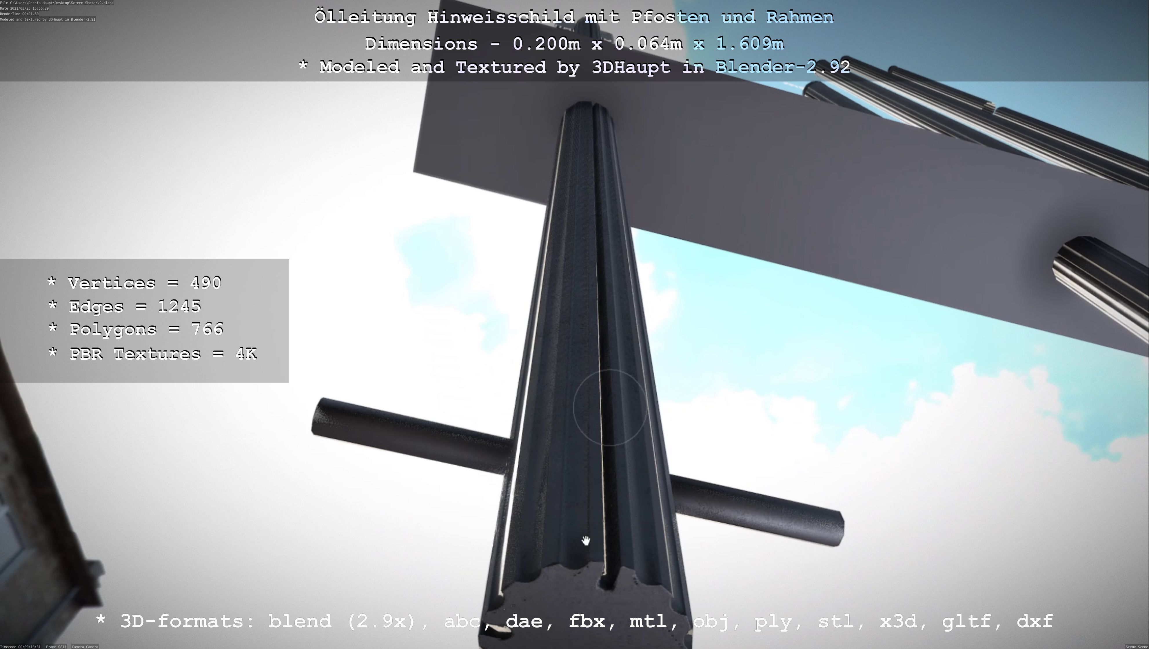 Hinweisschild Oelleitung mit Pfosten und Rahmen Low-poly 3D model_103