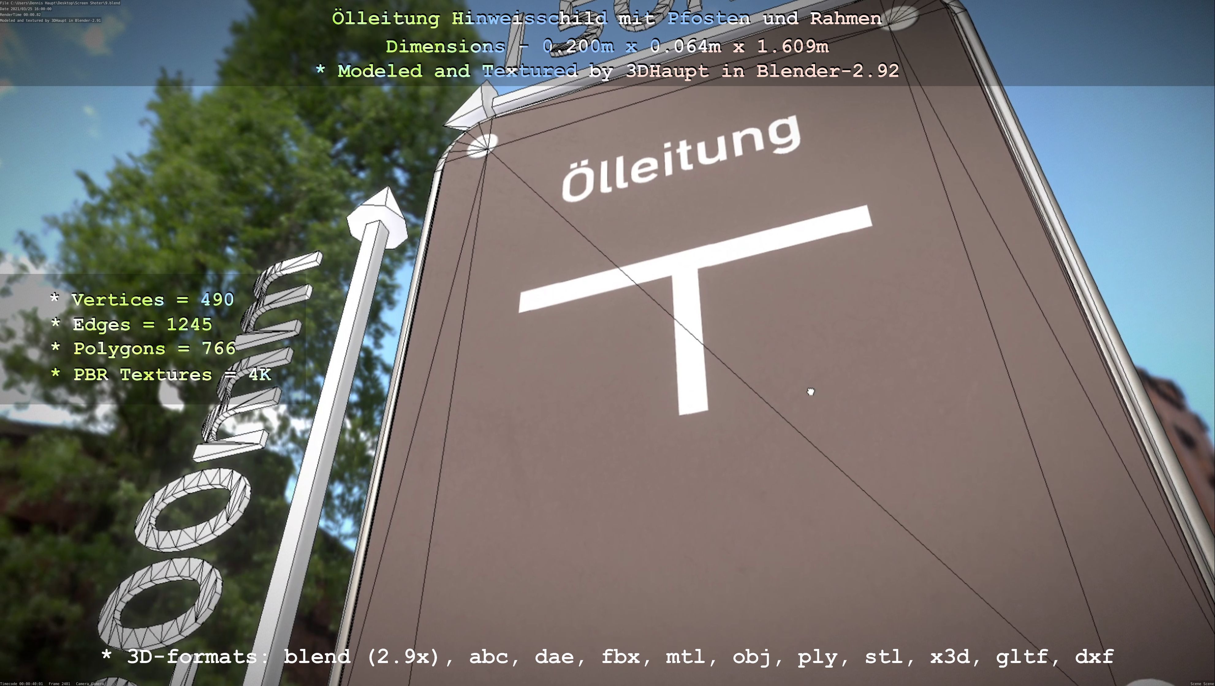 Hinweisschild Oelleitung mit Pfosten und Rahmen Low-poly 3D model_58