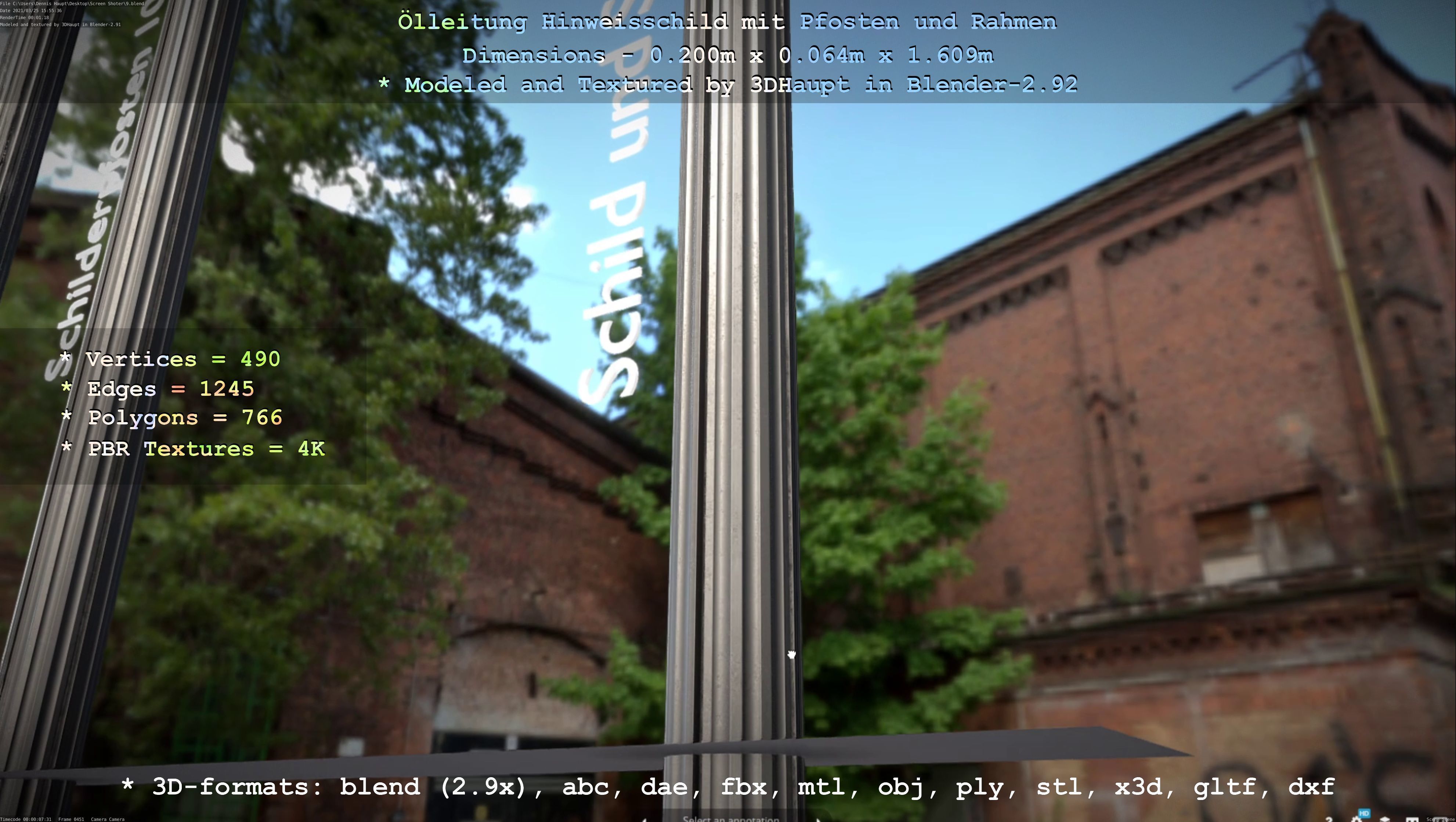 Hinweisschild Oelleitung mit Pfosten und Rahmen Low-poly 3D model_96