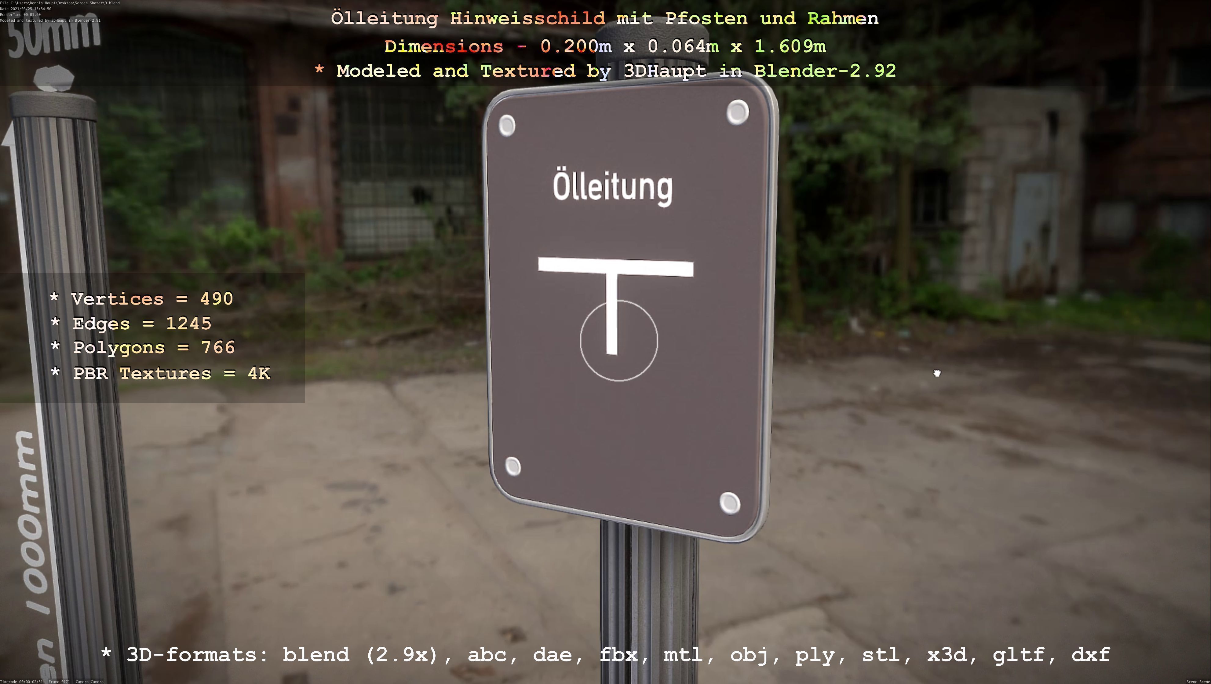 Hinweisschild Oelleitung mit Pfosten und Rahmen Low-poly 3D model_72