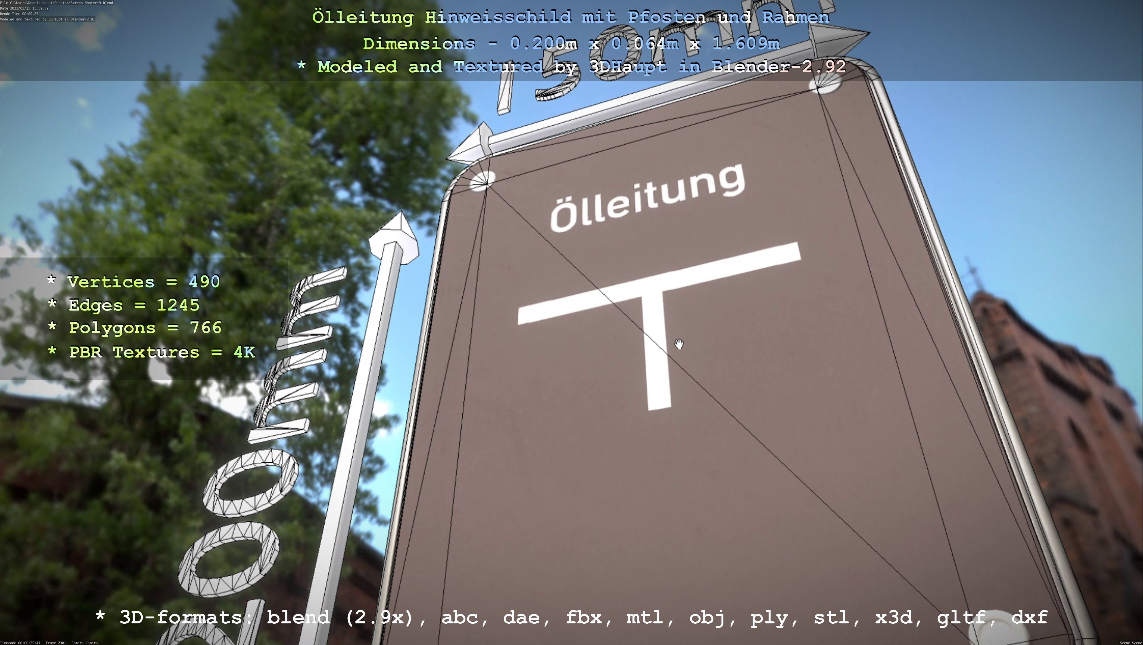 Hinweisschild Oelleitung mit Pfosten und Rahmen Low-poly 3D model_8