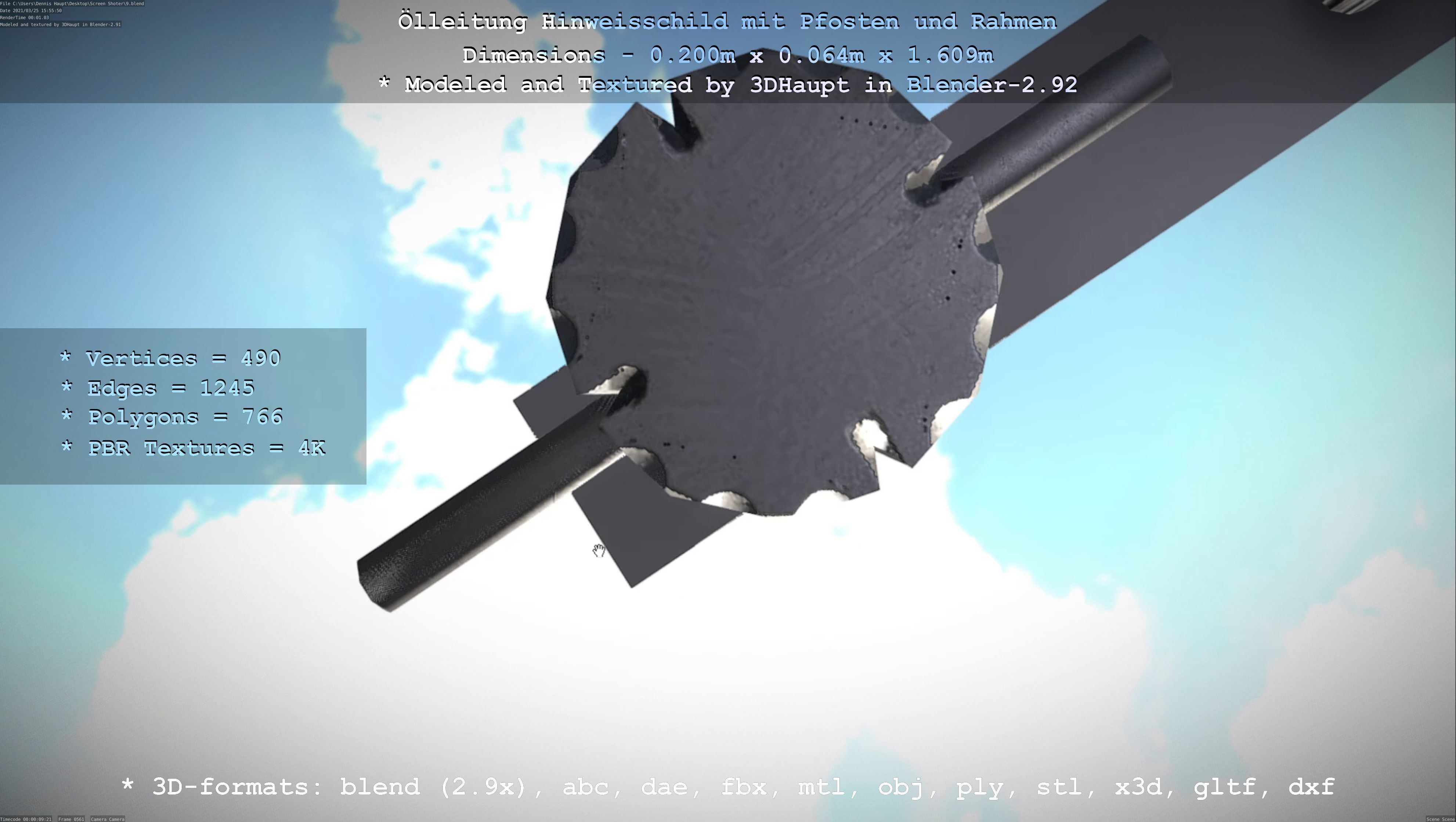 Hinweisschild Oelleitung mit Pfosten und Rahmen Low-poly 3D model_95