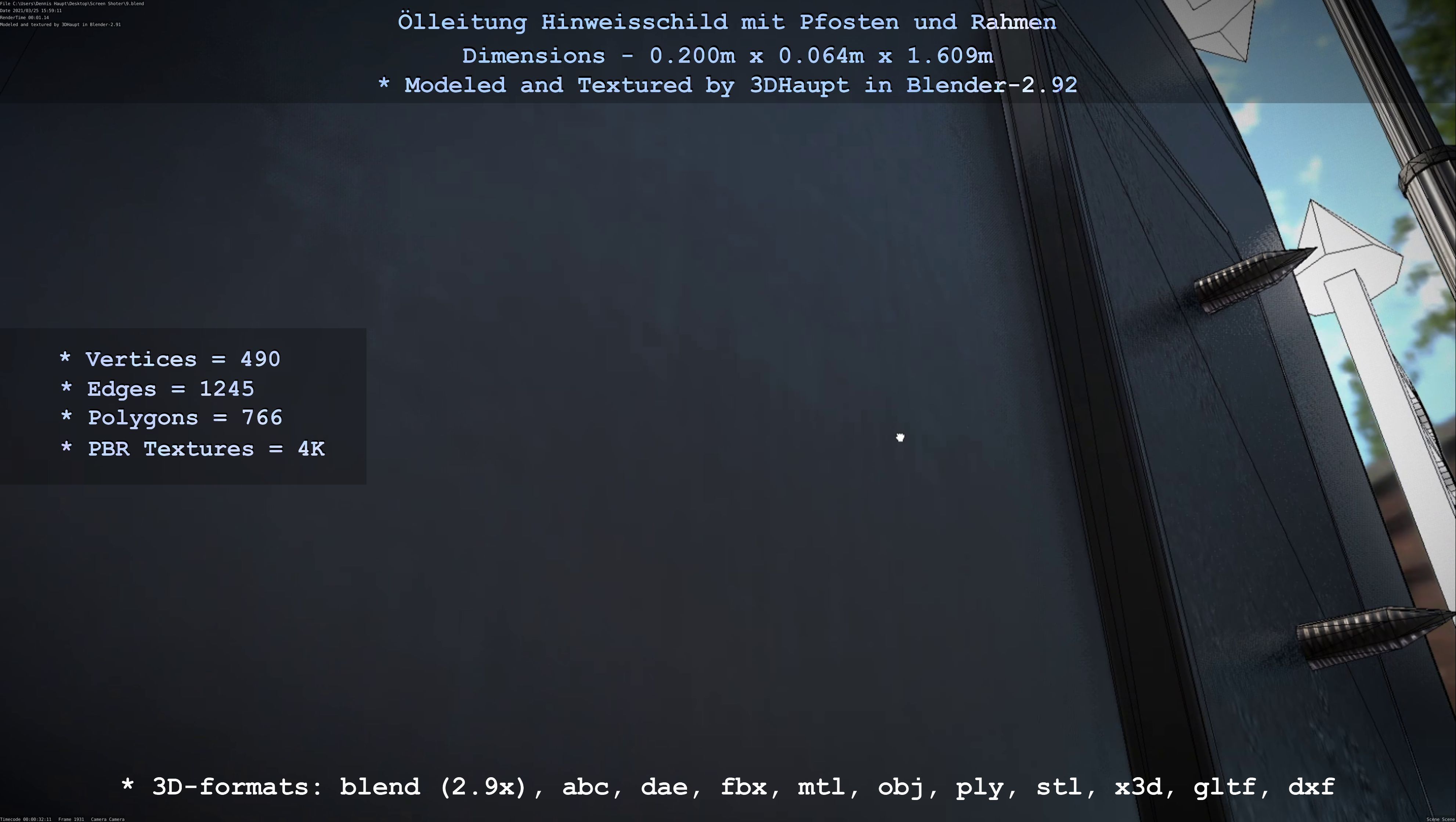 Hinweisschild Oelleitung mit Pfosten und Rahmen Low-poly 3D model_76
