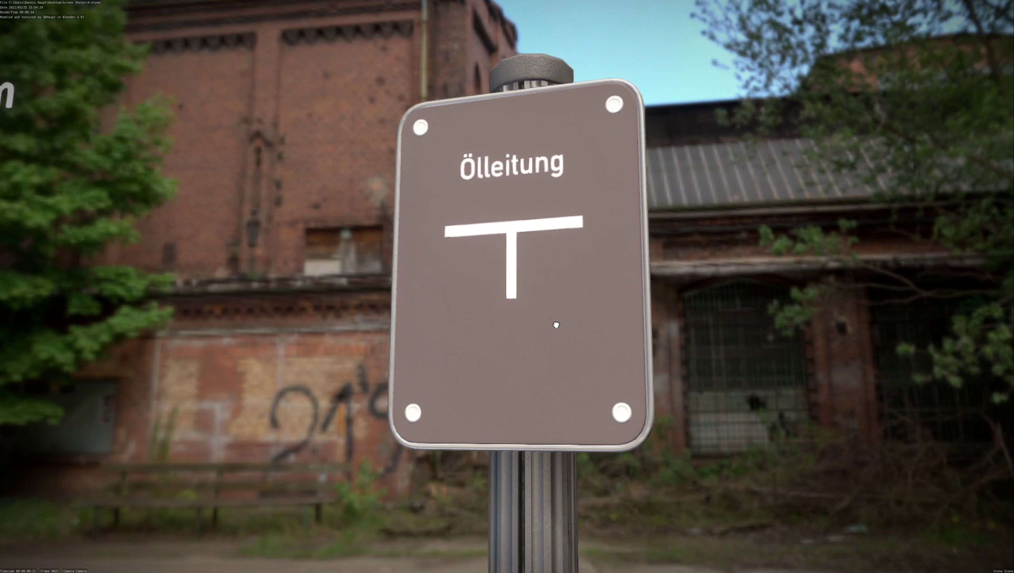 Hinweisschild Oelleitung mit Pfosten und Rahmen Low-poly 3D model_67