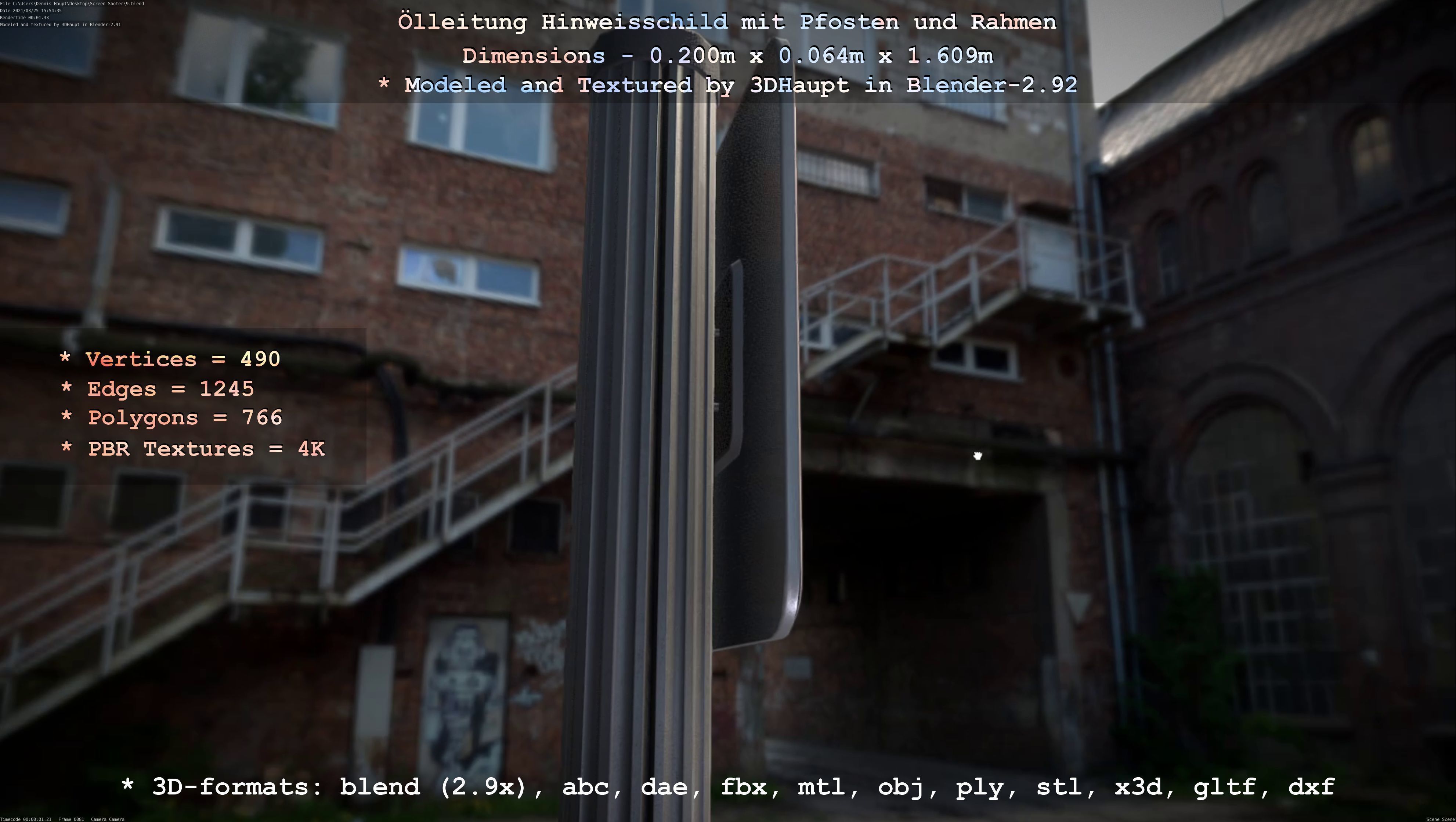 Hinweisschild Oelleitung mit Pfosten und Rahmen Low-poly 3D model_17