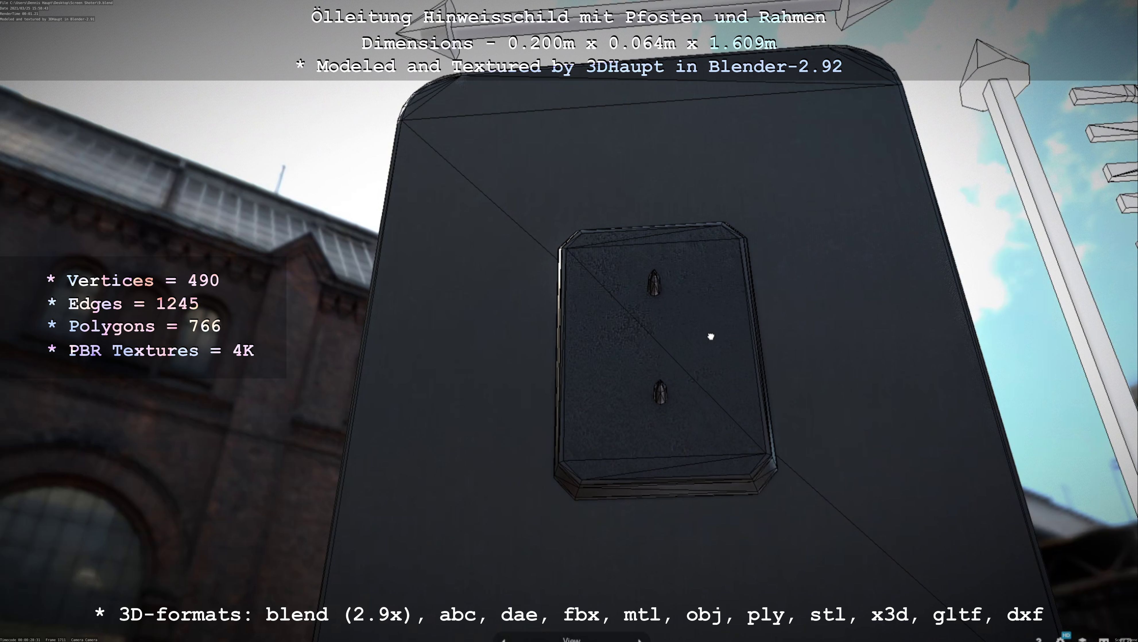 Hinweisschild Oelleitung mit Pfosten und Rahmen Low-poly 3D model_41
