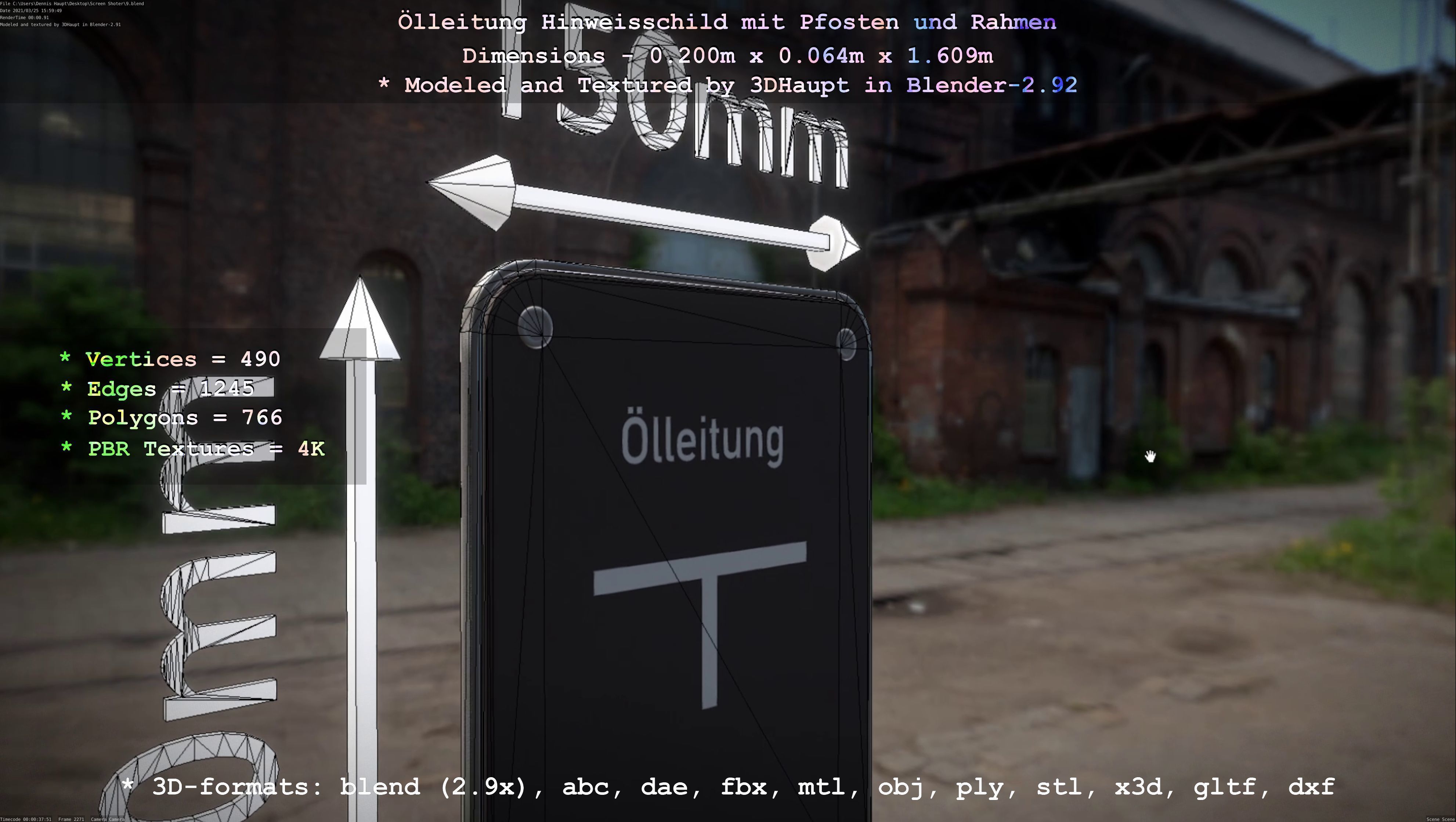 Hinweisschild Oelleitung mit Pfosten und Rahmen Low-poly 3D model_51