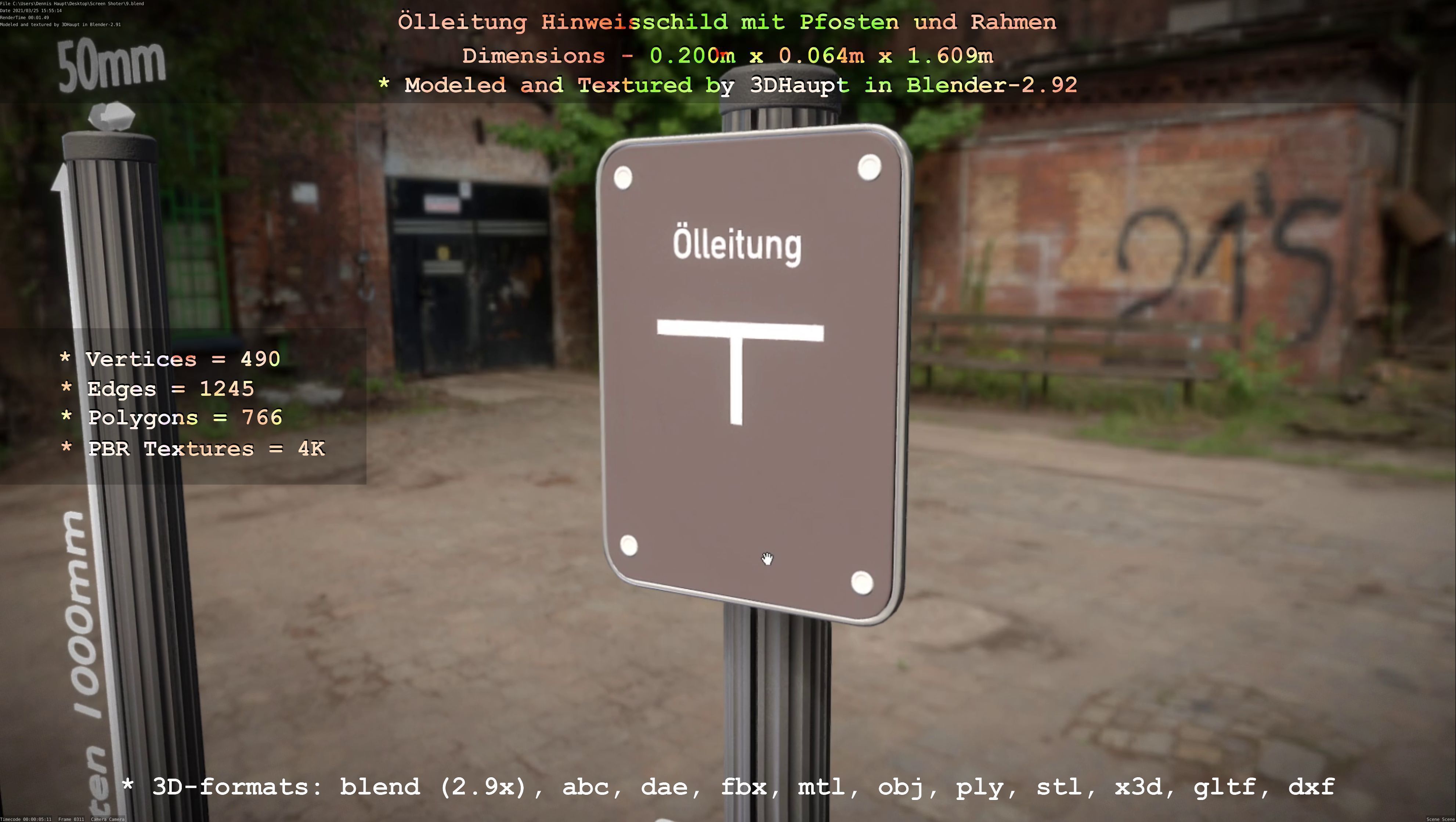 Hinweisschild Oelleitung mit Pfosten und Rahmen Low-poly 3D model_93