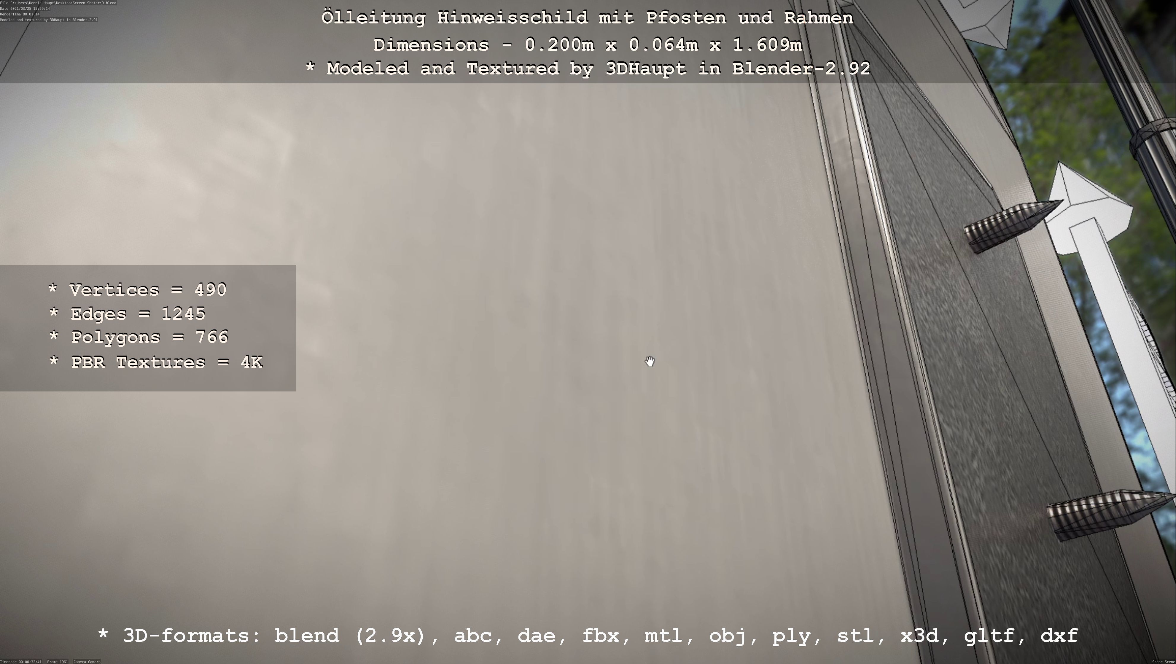 Hinweisschild Oelleitung mit Pfosten und Rahmen Low-poly 3D model_50