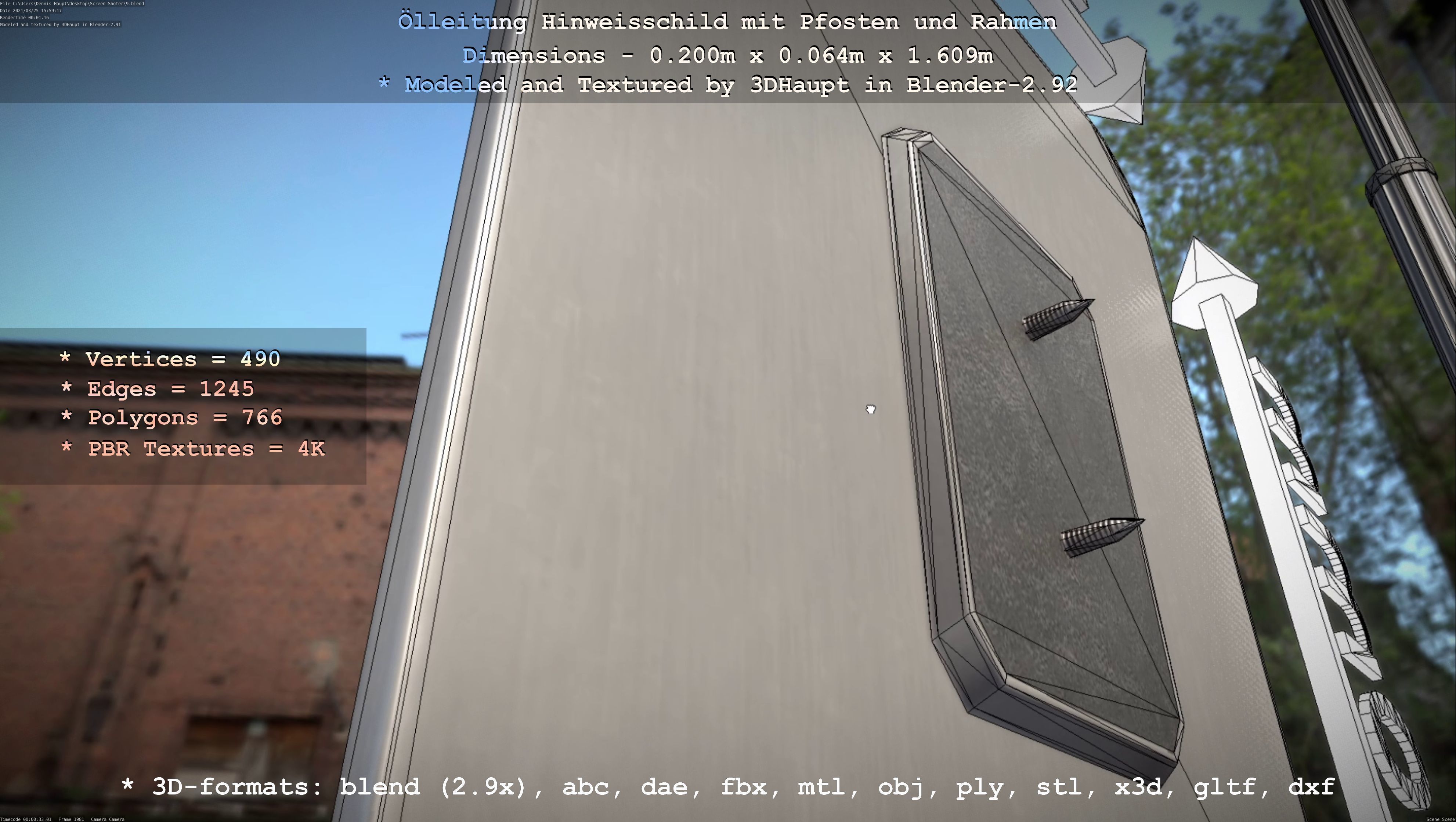 Hinweisschild Oelleitung mit Pfosten und Rahmen Low-poly 3D model_46