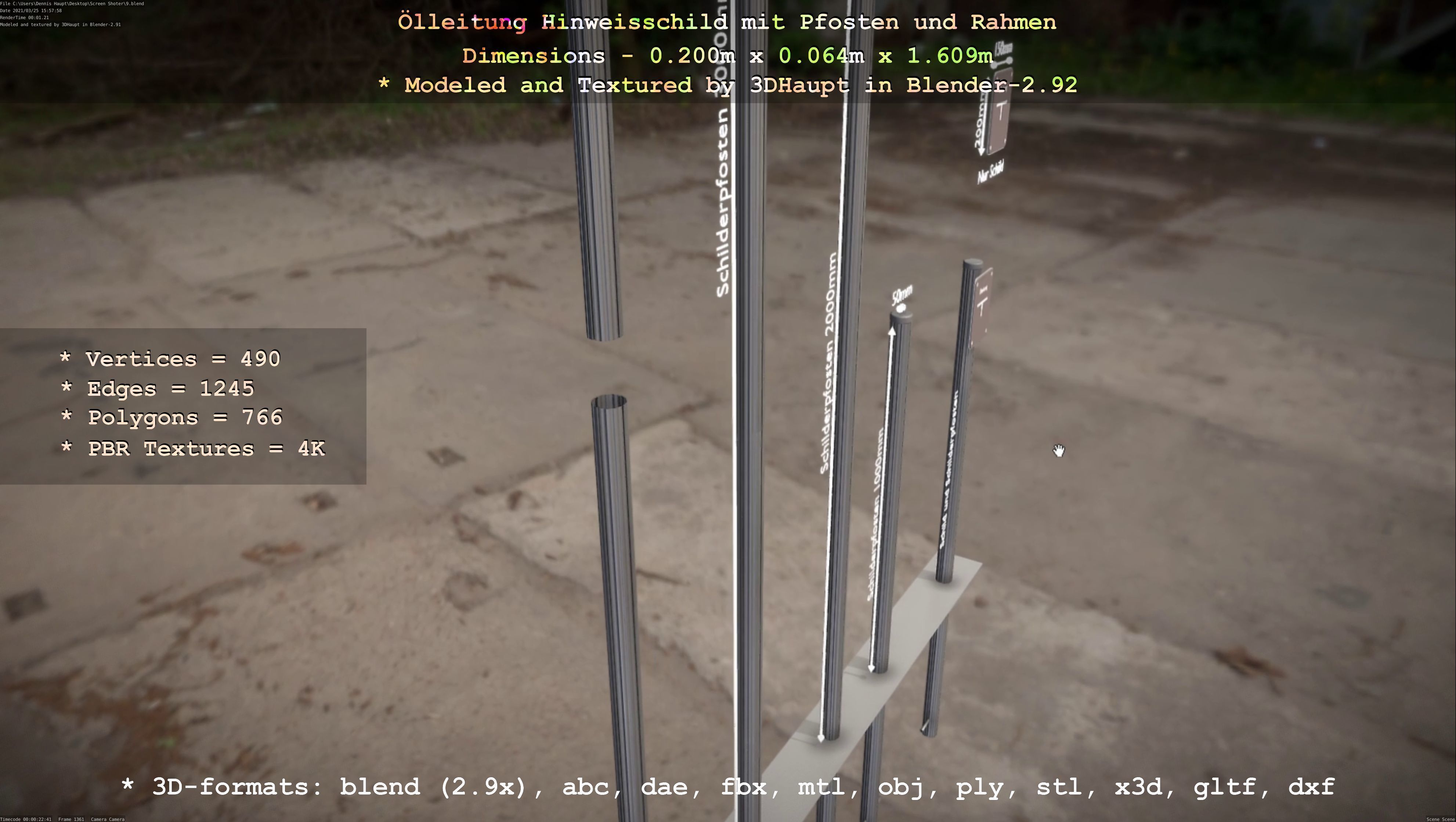 Hinweisschild Oelleitung mit Pfosten und Rahmen Low-poly 3D model_123