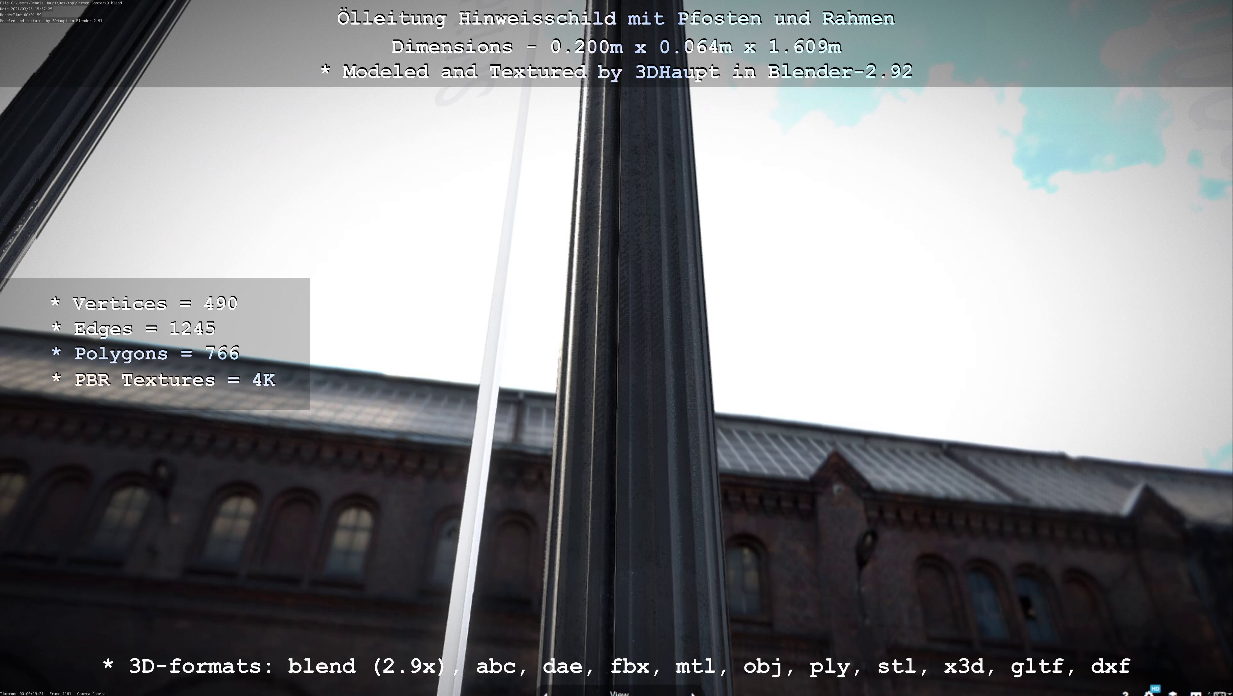 Hinweisschild Oelleitung mit Pfosten und Rahmen Low-poly 3D model_116