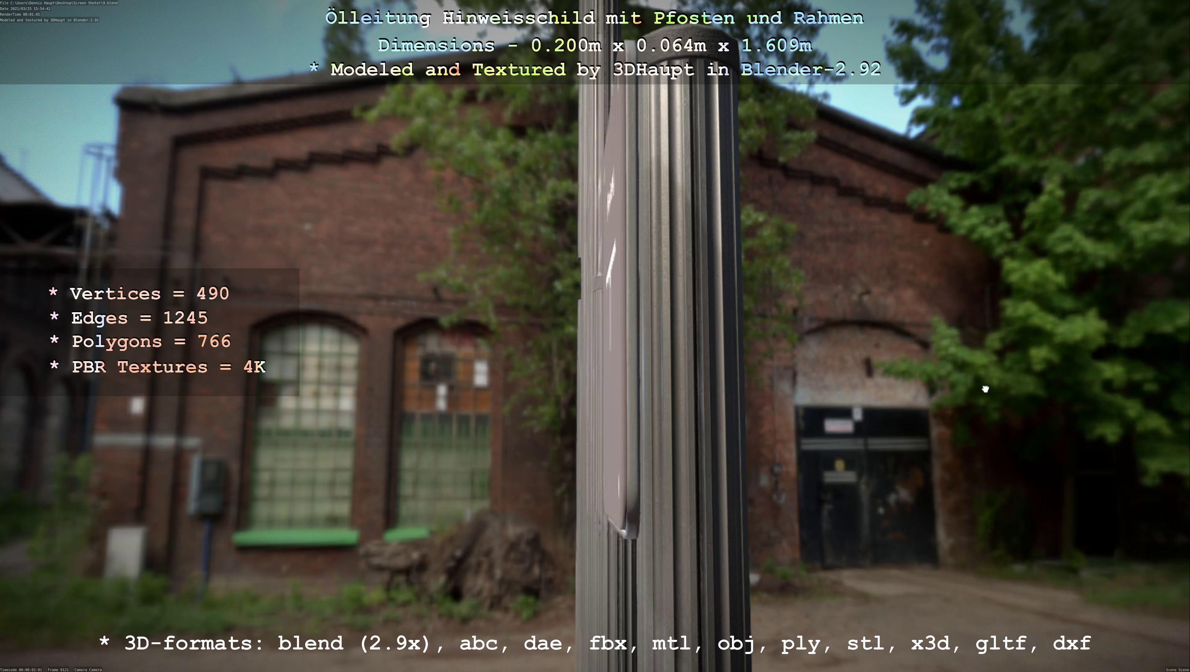 Hinweisschild Oelleitung mit Pfosten und Rahmen Low-poly 3D model_80