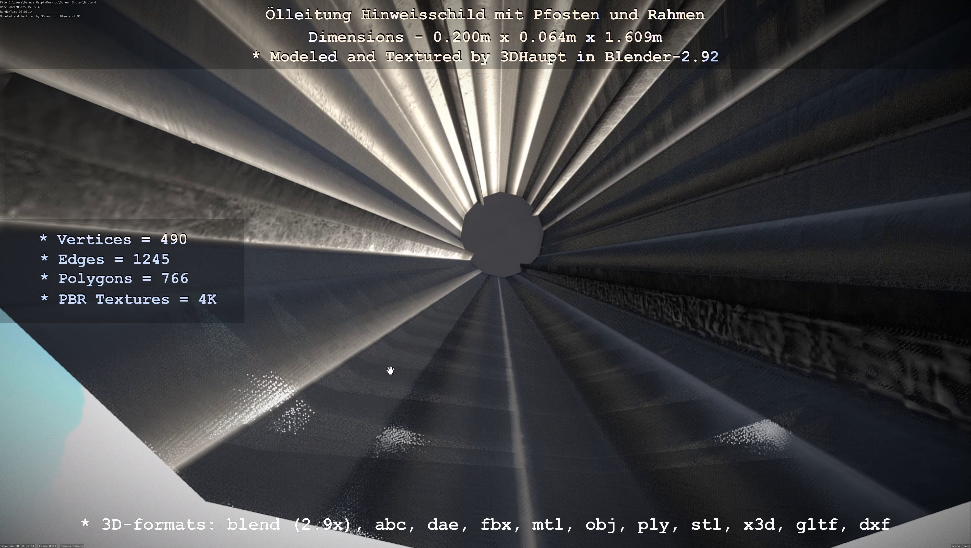 Hinweisschild Oelleitung mit Pfosten und Rahmen Low-poly 3D model_91