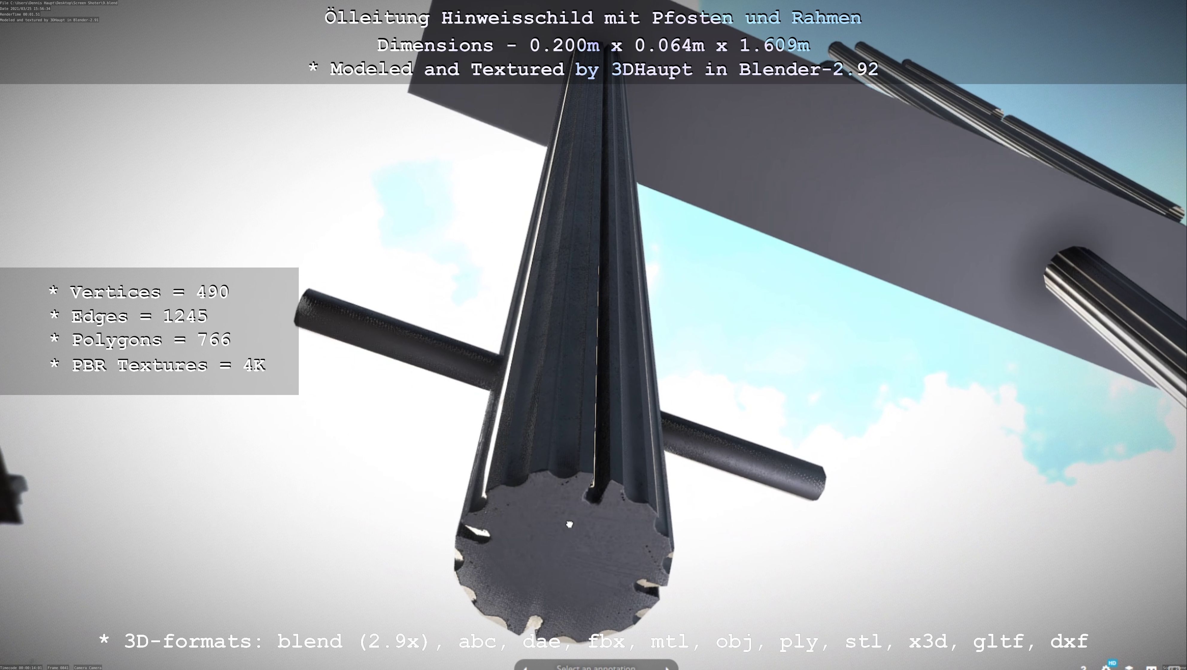 Hinweisschild Oelleitung mit Pfosten und Rahmen Low-poly 3D model_101