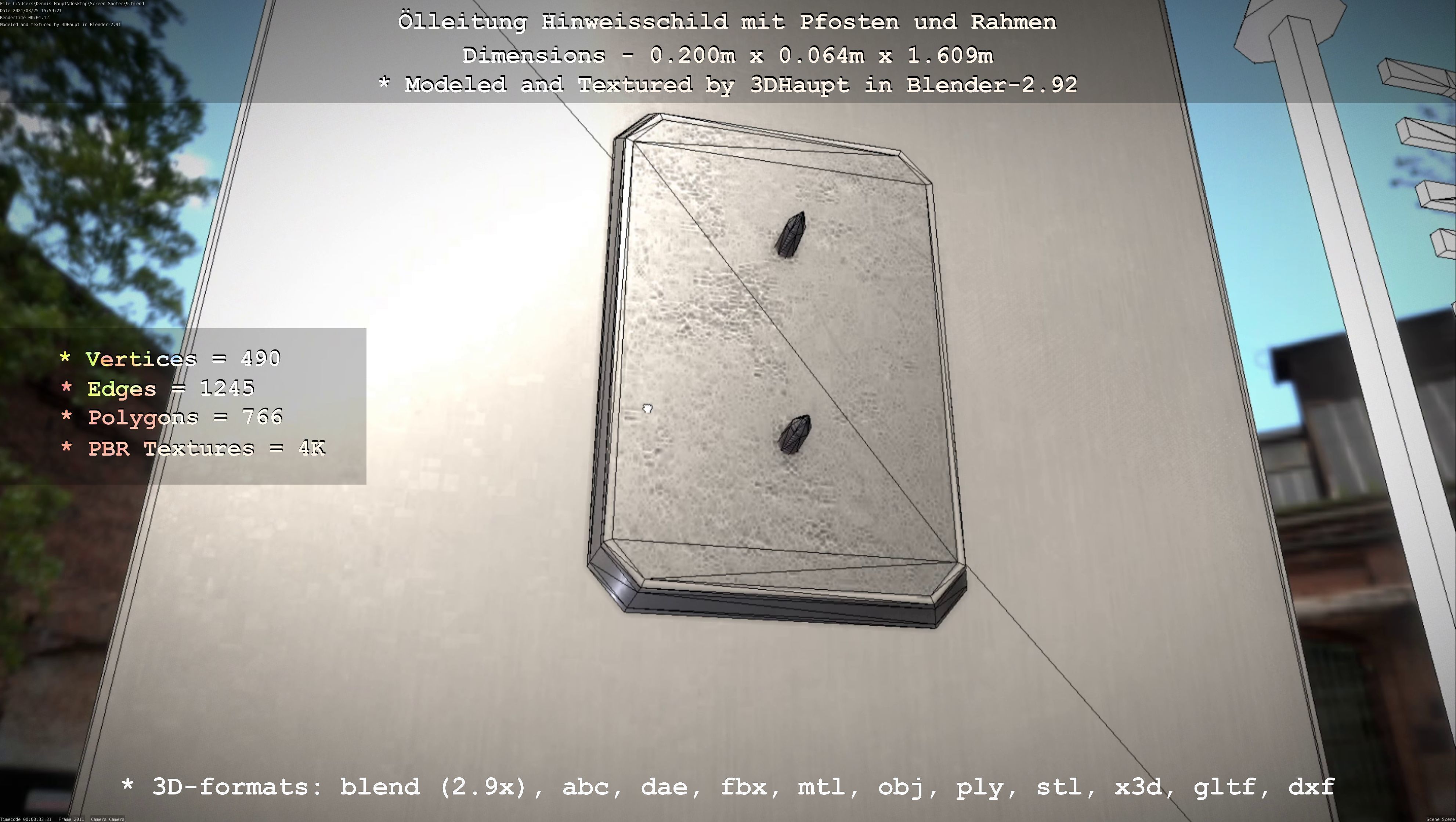 Hinweisschild Oelleitung mit Pfosten und Rahmen Low-poly 3D model_5