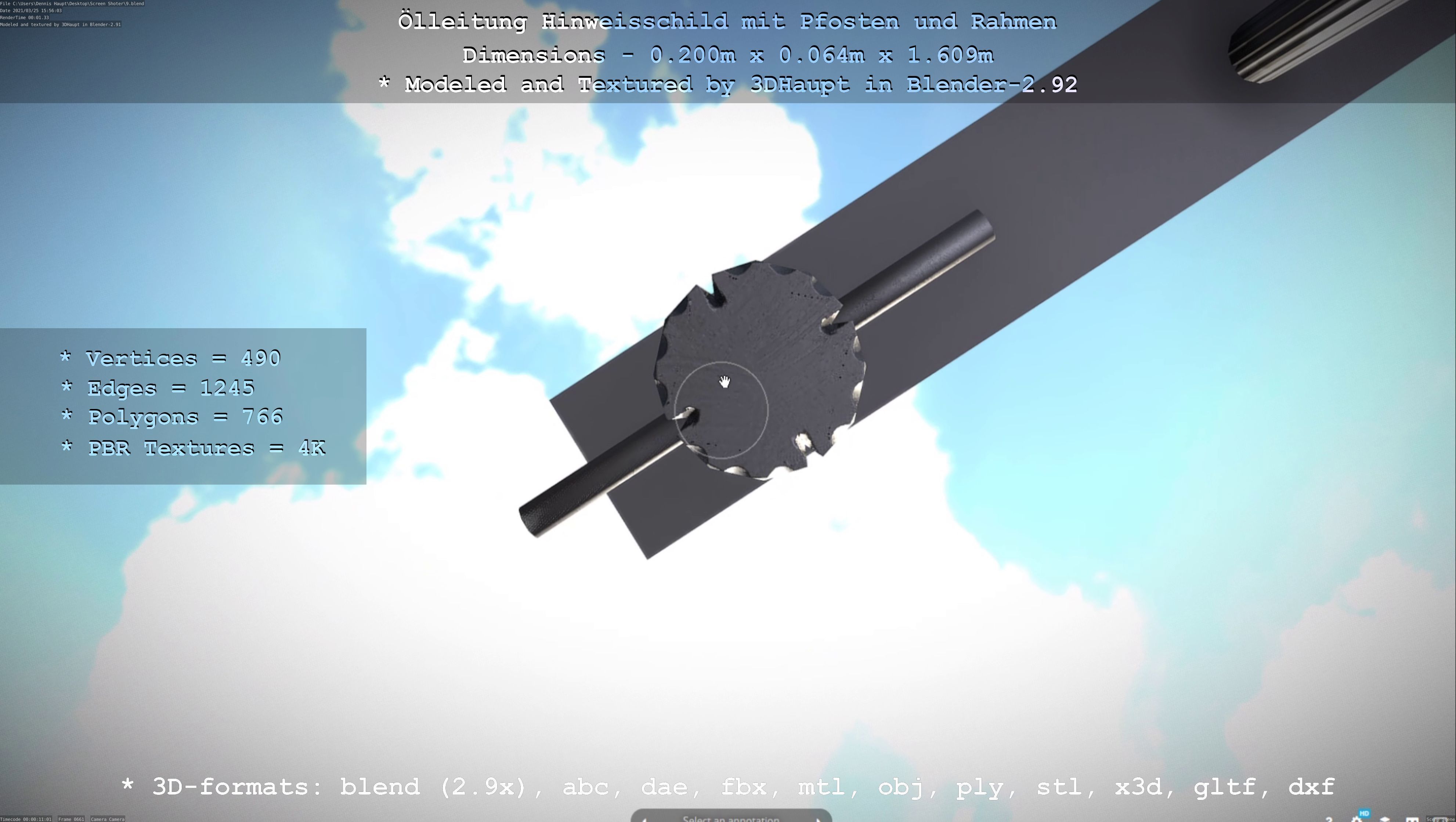 Hinweisschild Oelleitung mit Pfosten und Rahmen Low-poly 3D model_118