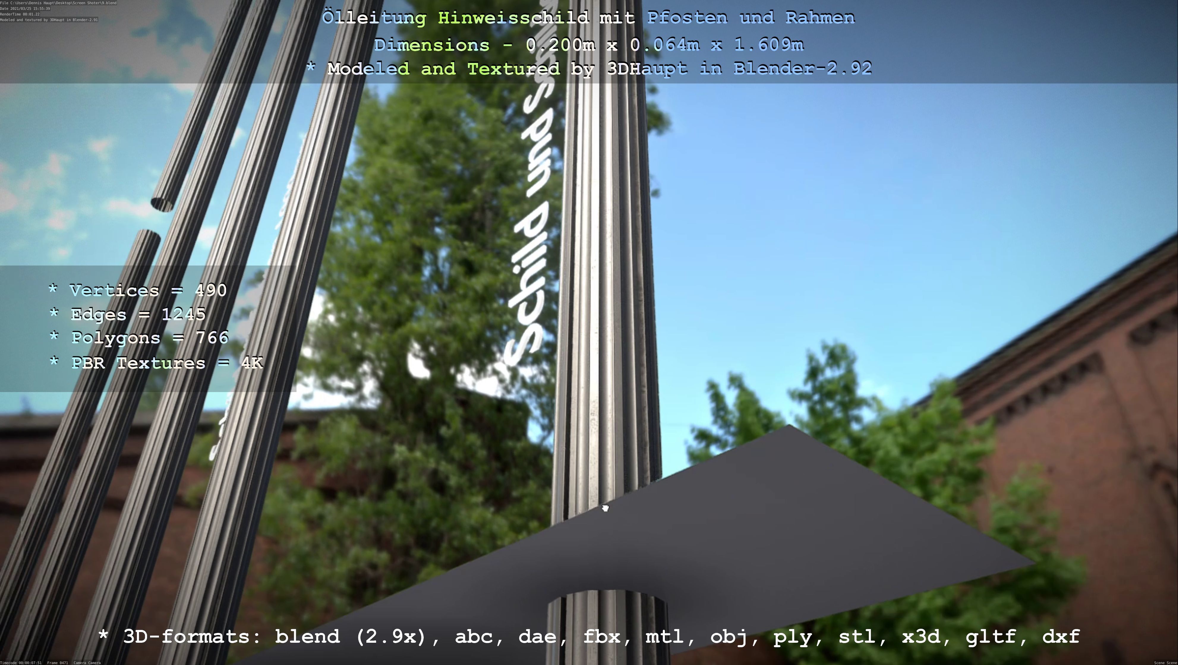 Hinweisschild Oelleitung mit Pfosten und Rahmen Low-poly 3D model_23