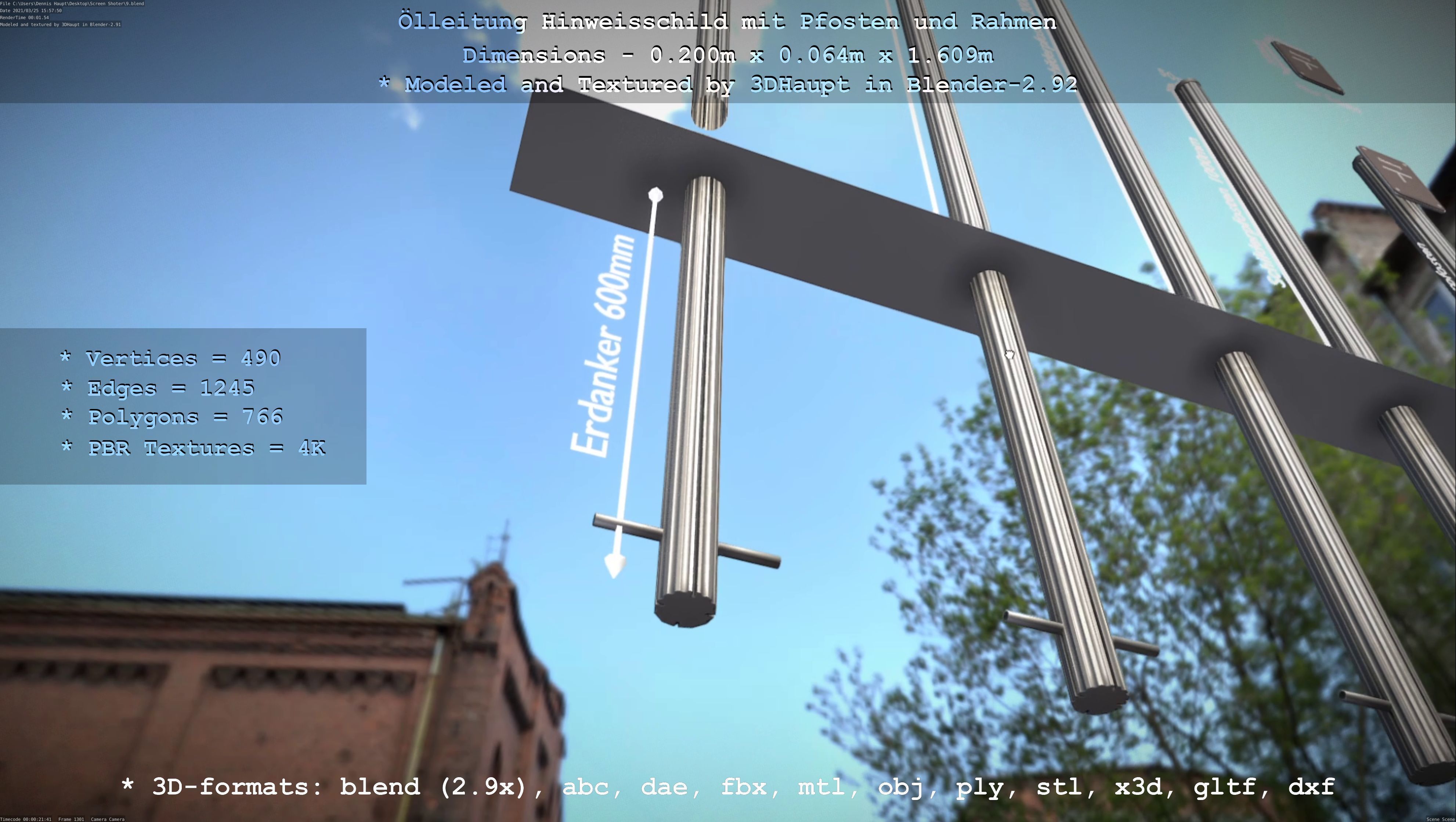 Hinweisschild Oelleitung mit Pfosten und Rahmen Low-poly 3D model_126