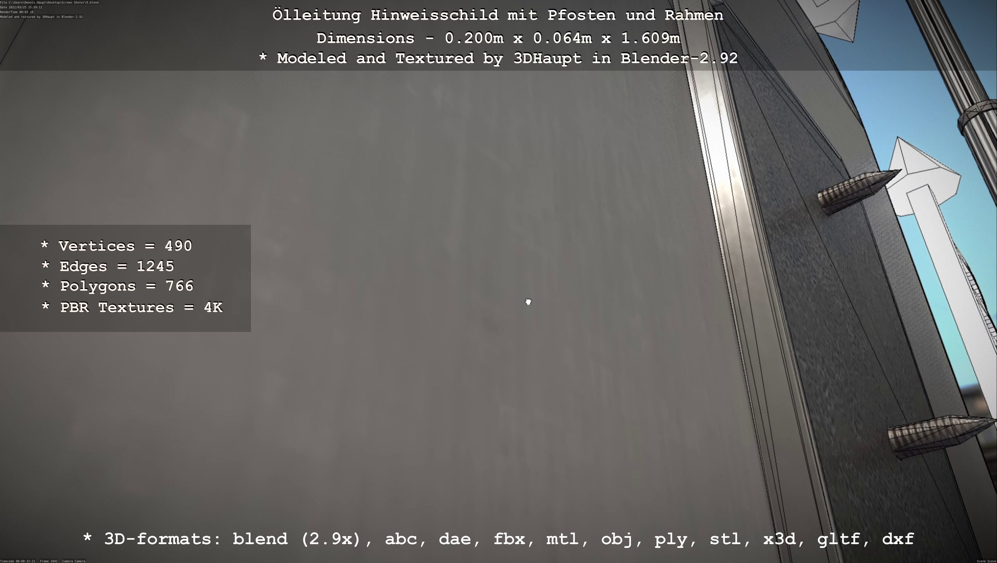 Hinweisschild Oelleitung mit Pfosten und Rahmen Low-poly 3D model_49