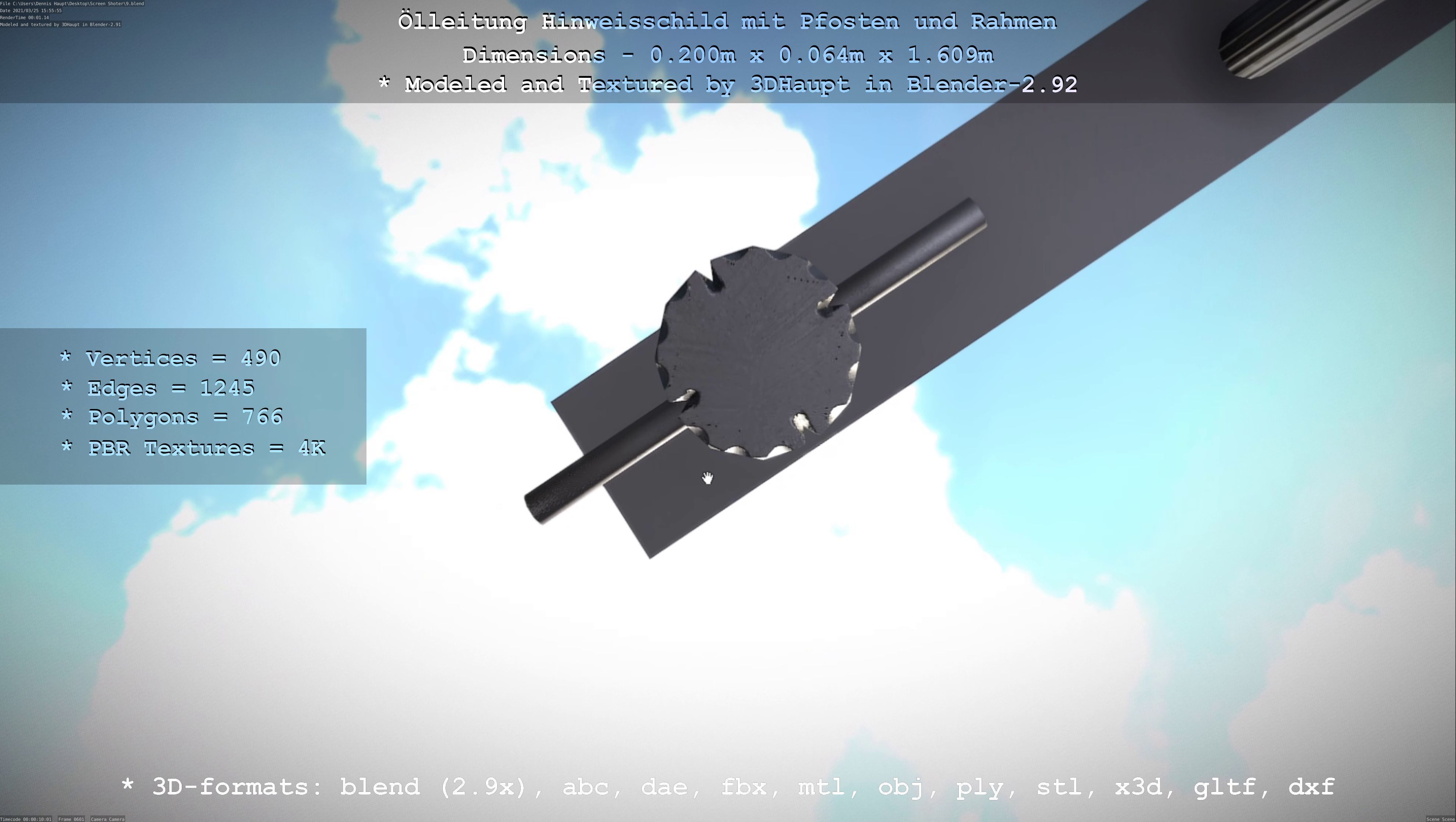 Hinweisschild Oelleitung mit Pfosten und Rahmen Low-poly 3D model_94