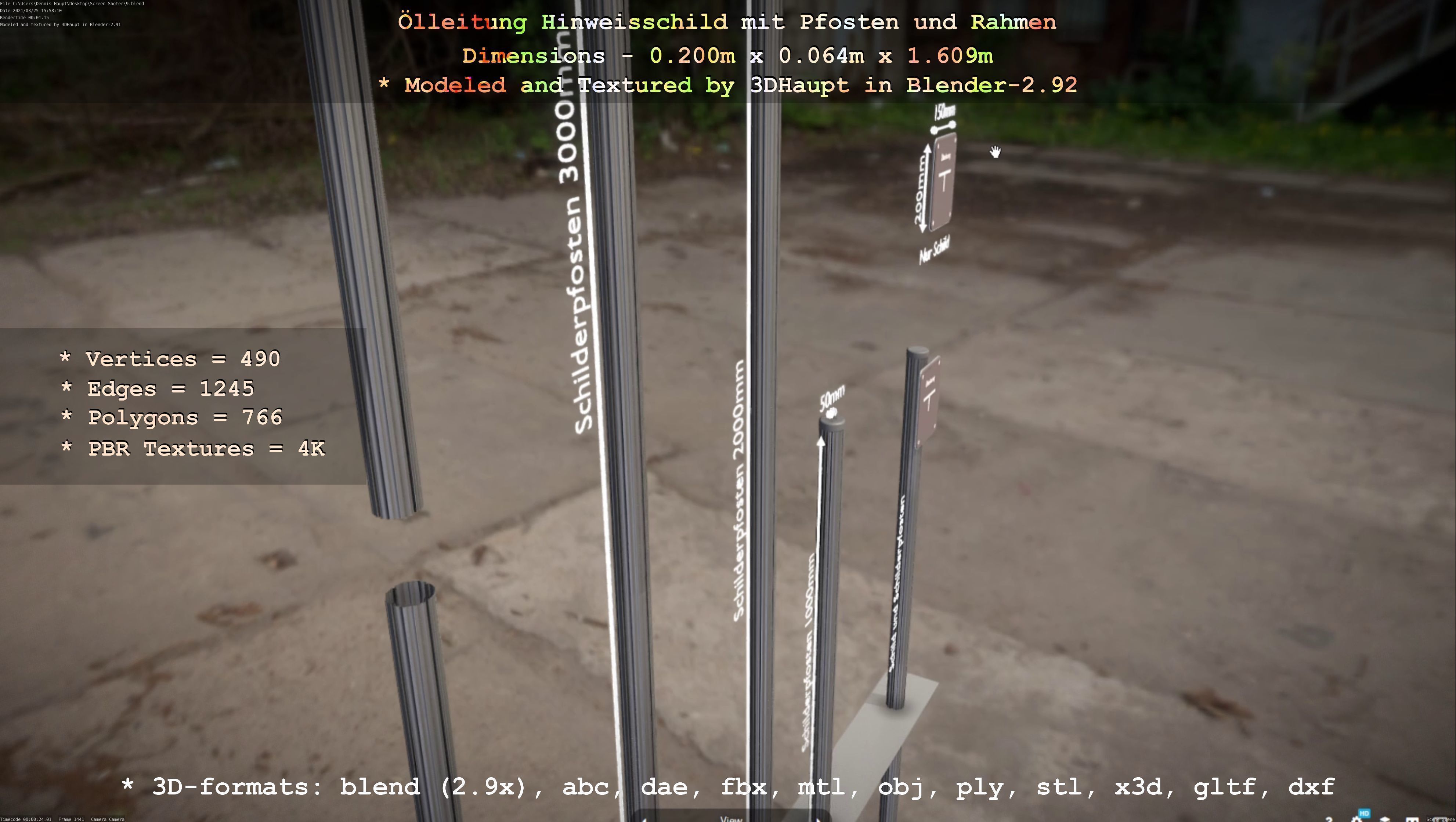 Hinweisschild Oelleitung mit Pfosten und Rahmen Low-poly 3D model_130