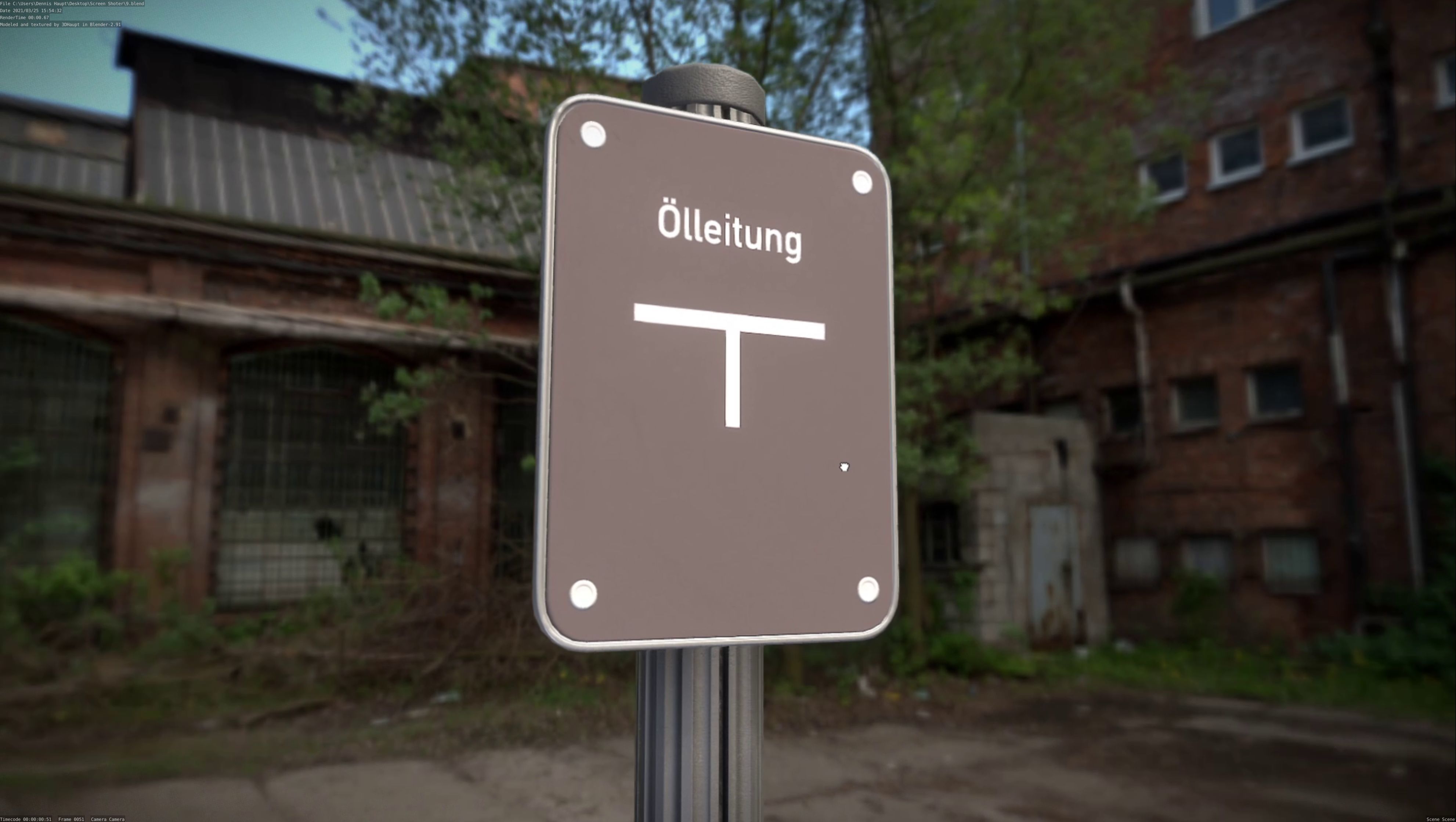 Hinweisschild Oelleitung mit Pfosten und Rahmen Low-poly 3D model_16