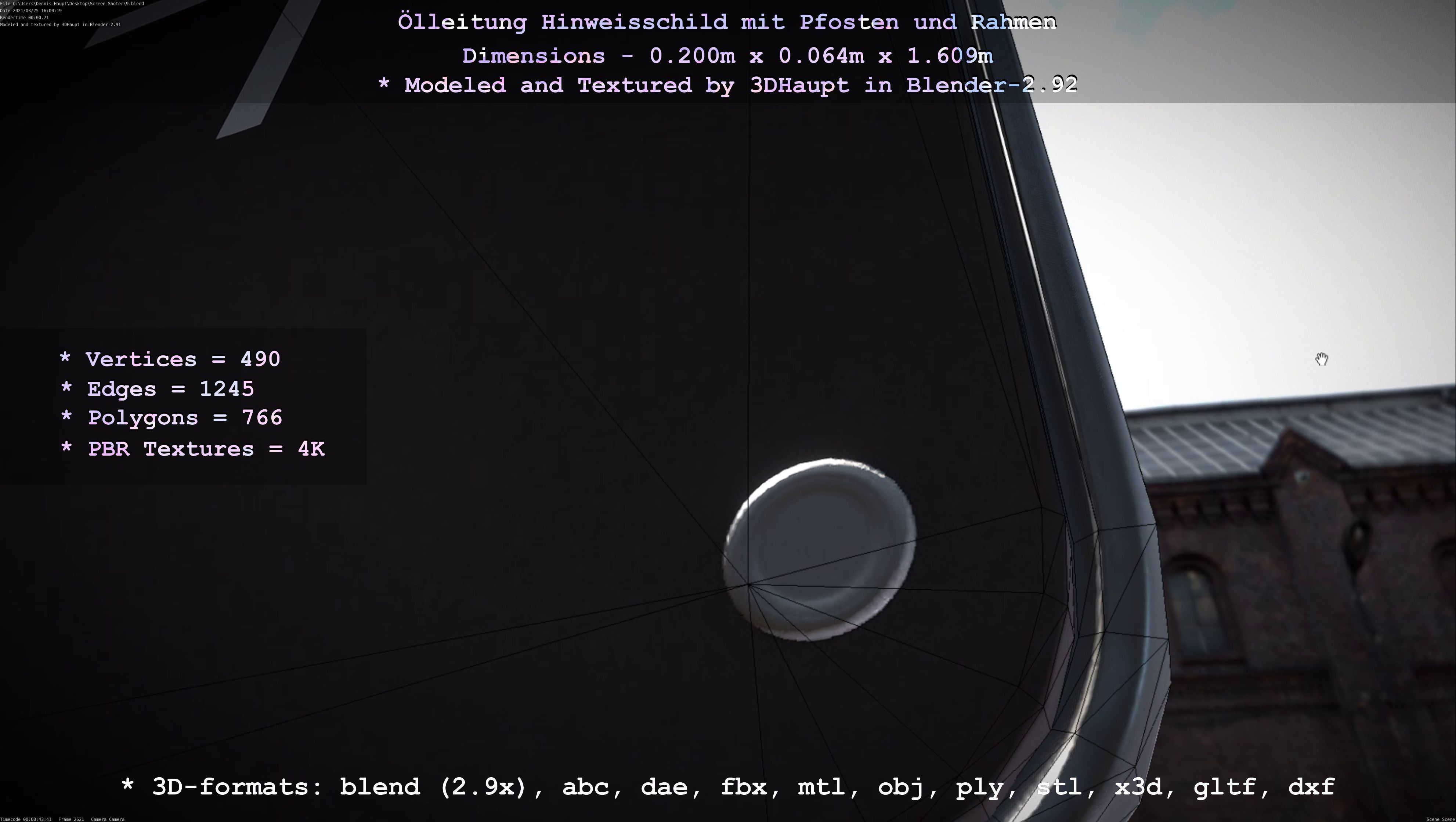 Hinweisschild Oelleitung mit Pfosten und Rahmen Low-poly 3D model_71