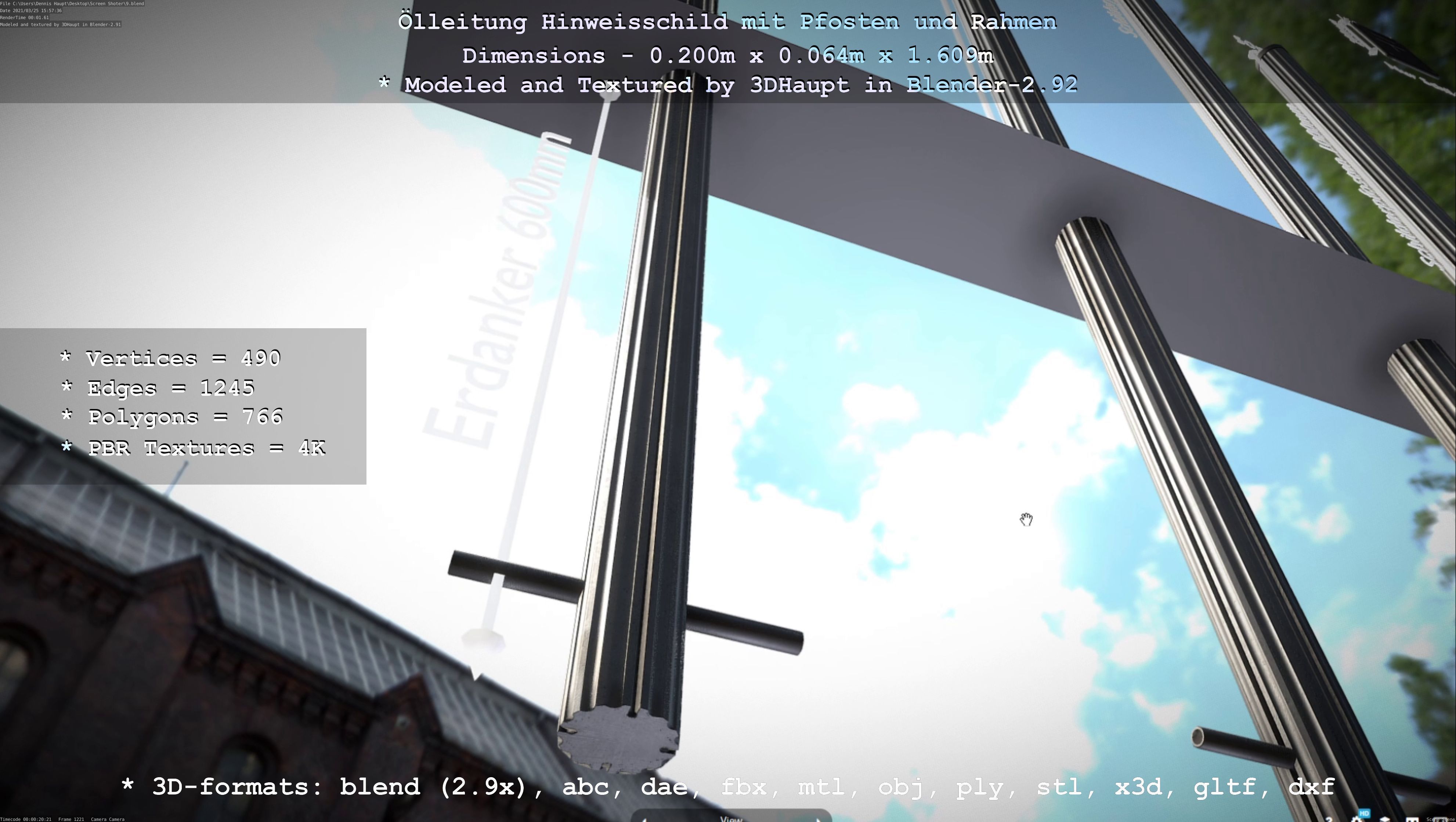 Hinweisschild Oelleitung mit Pfosten und Rahmen Low-poly 3D model_131