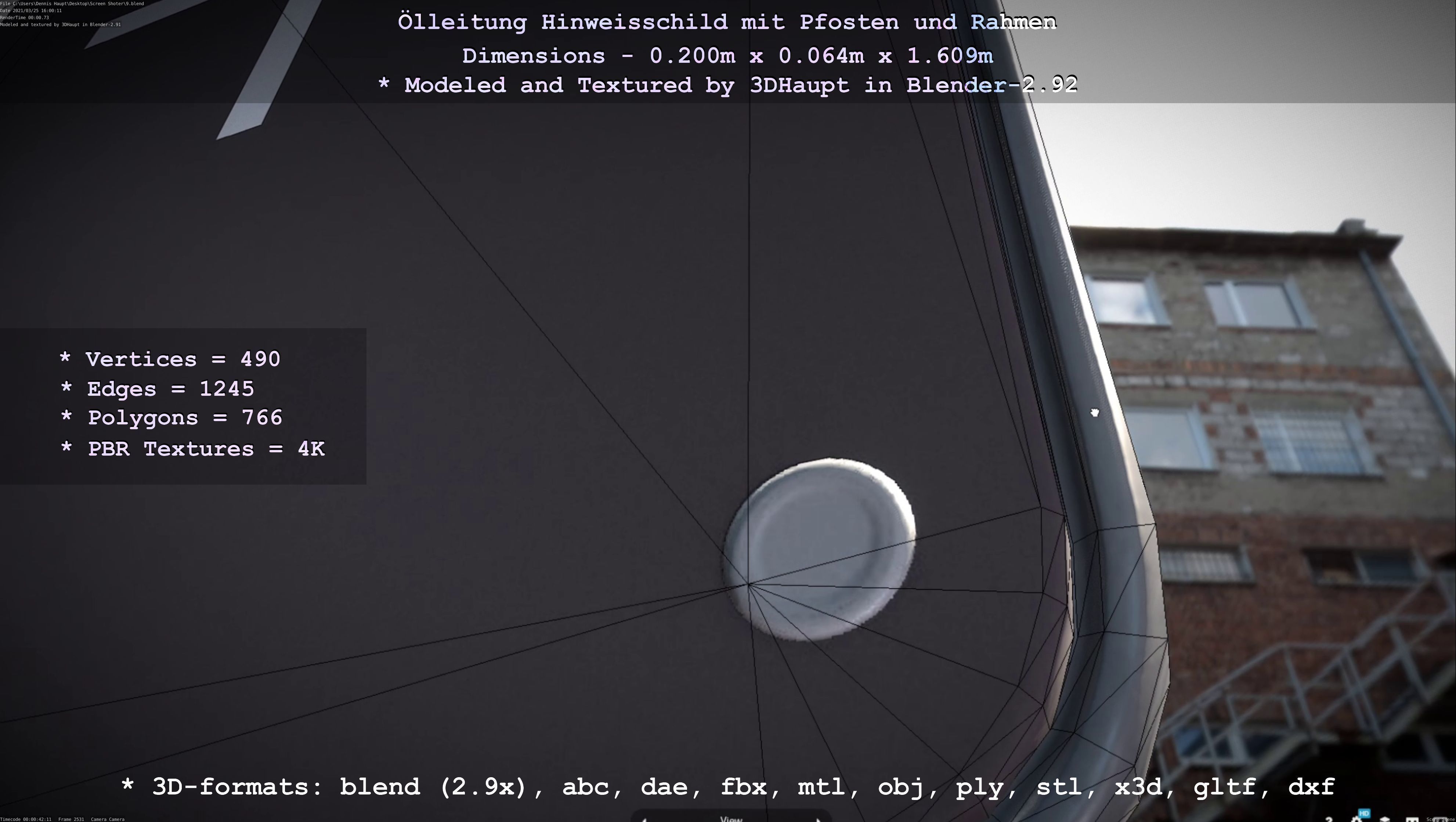 Hinweisschild Oelleitung mit Pfosten und Rahmen Low-poly 3D model_77