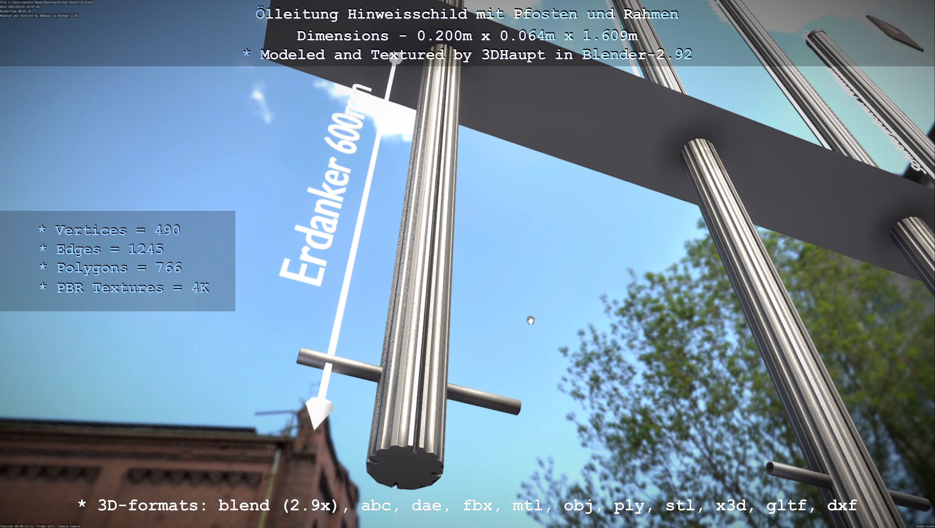 Hinweisschild Oelleitung mit Pfosten und Rahmen Low-poly 3D model_29