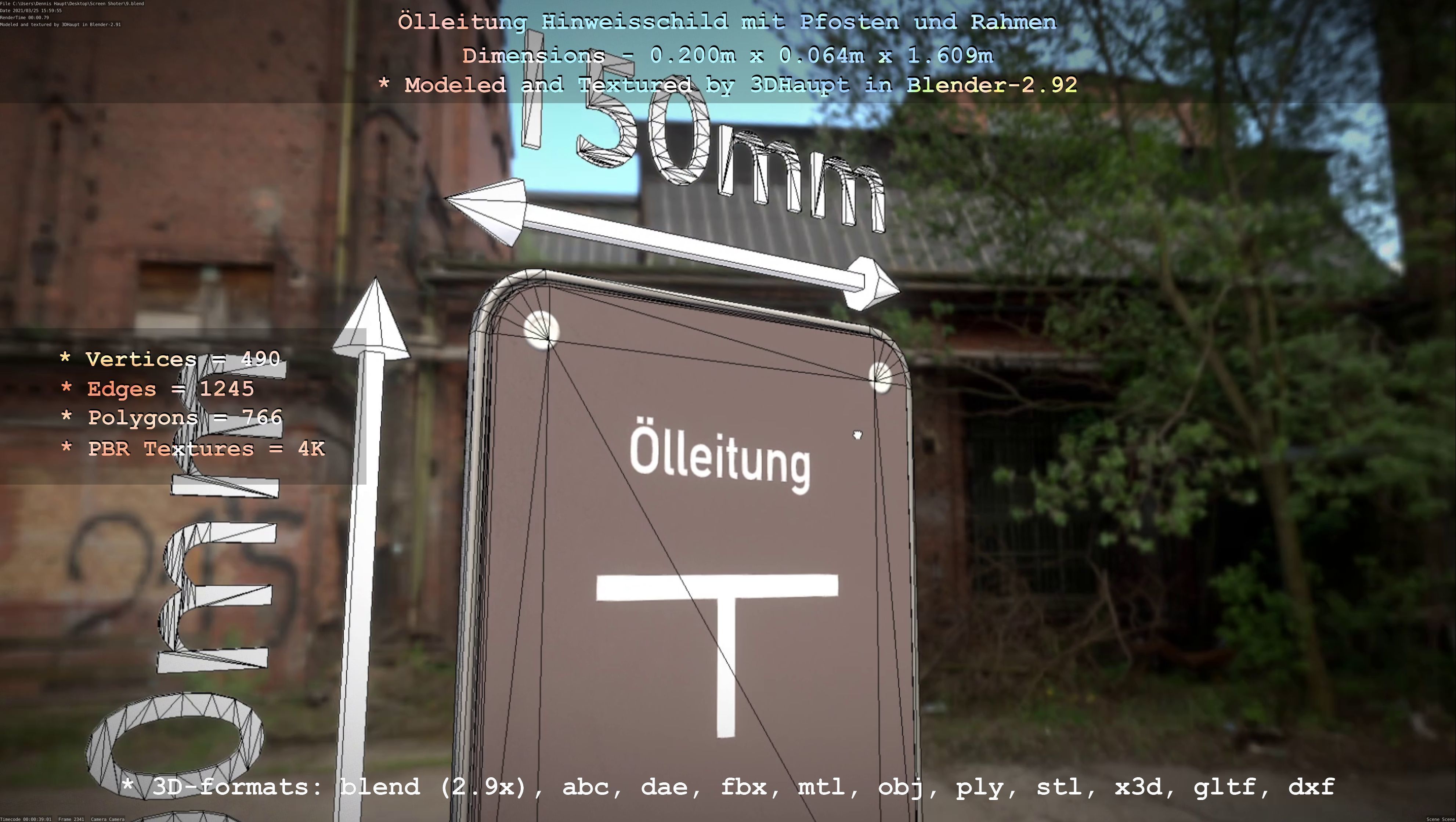 Hinweisschild Oelleitung mit Pfosten und Rahmen Low-poly 3D model_44