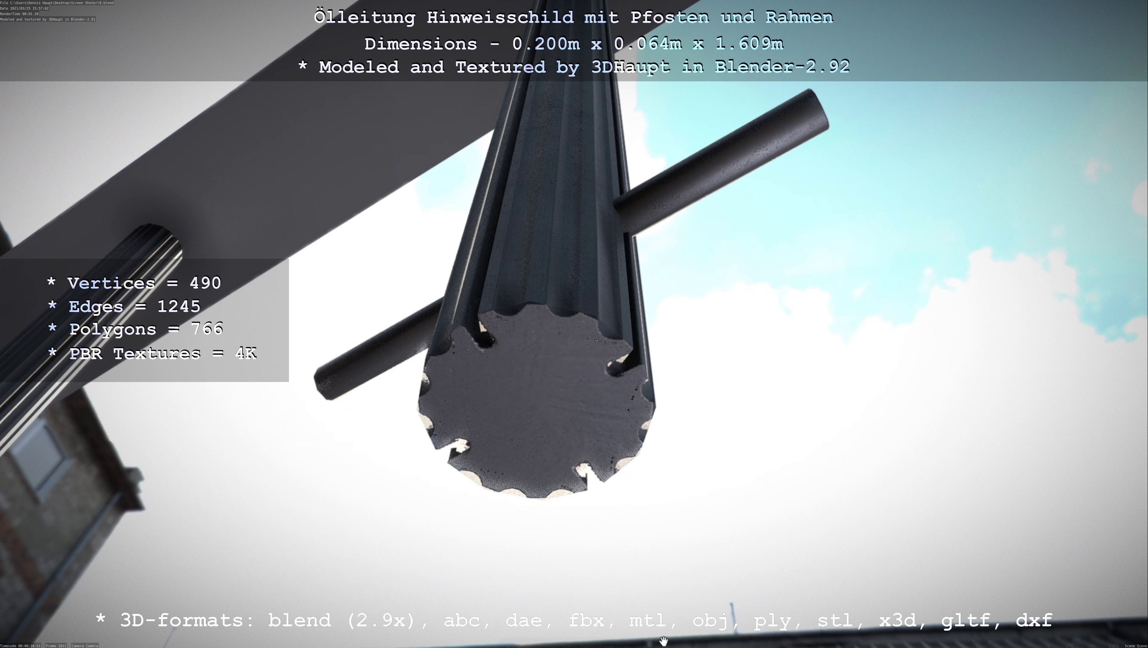 Hinweisschild Oelleitung mit Pfosten und Rahmen Low-poly 3D model_117