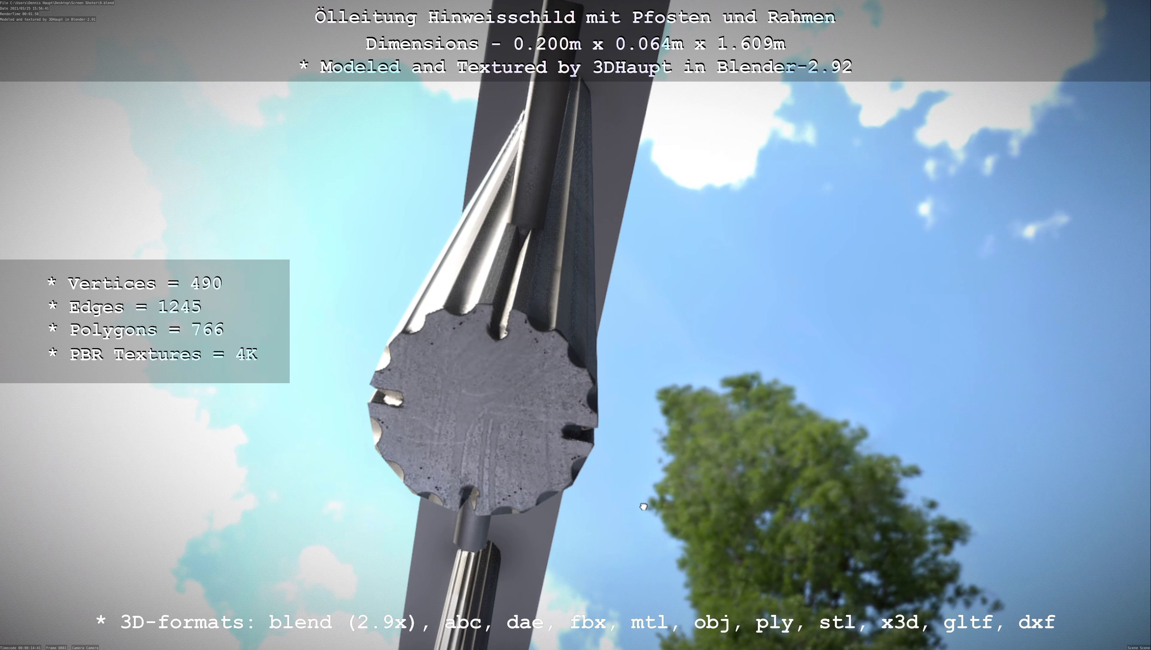 Hinweisschild Oelleitung mit Pfosten und Rahmen Low-poly 3D model_115