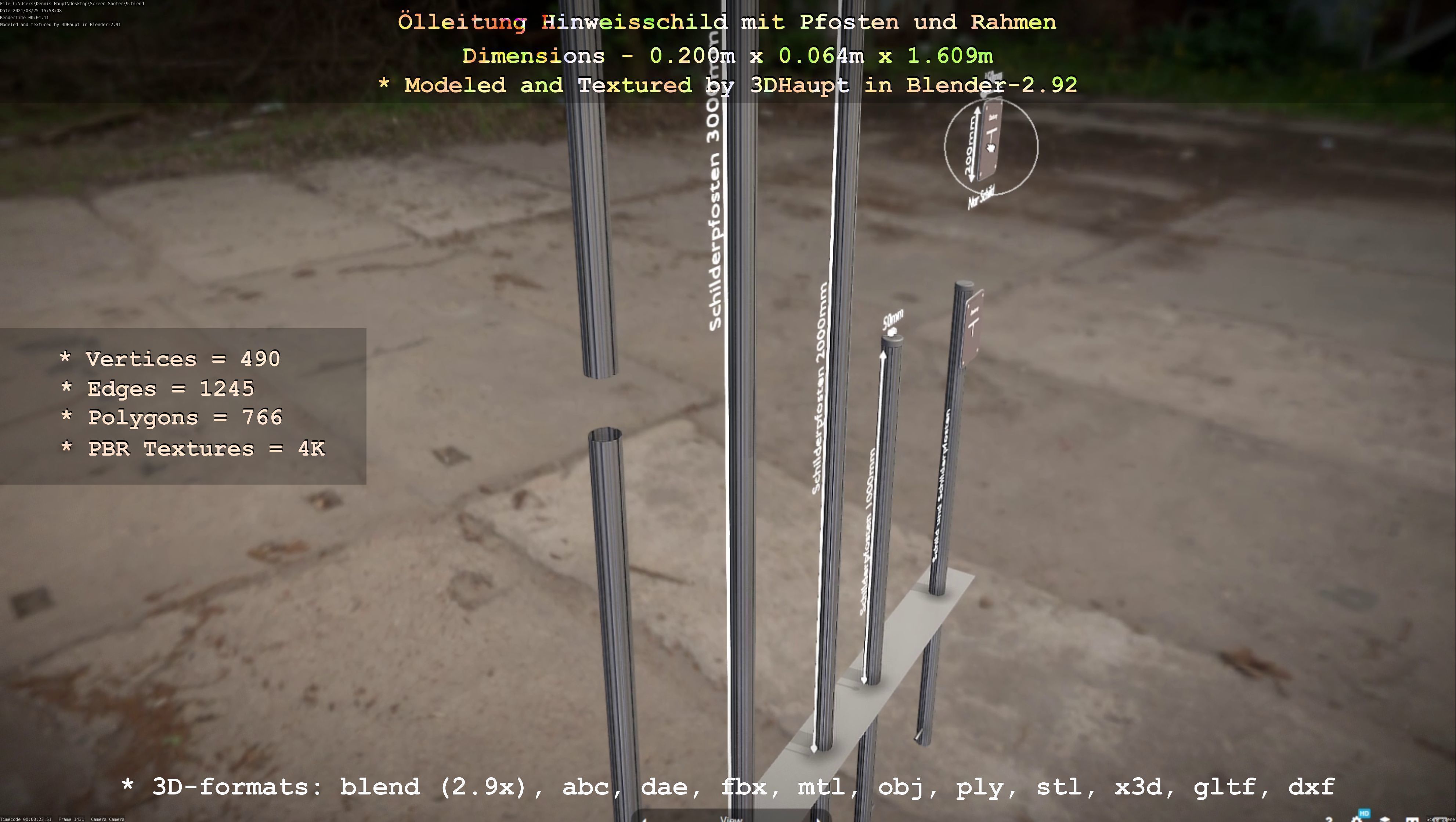 Hinweisschild Oelleitung mit Pfosten und Rahmen Low-poly 3D model_132