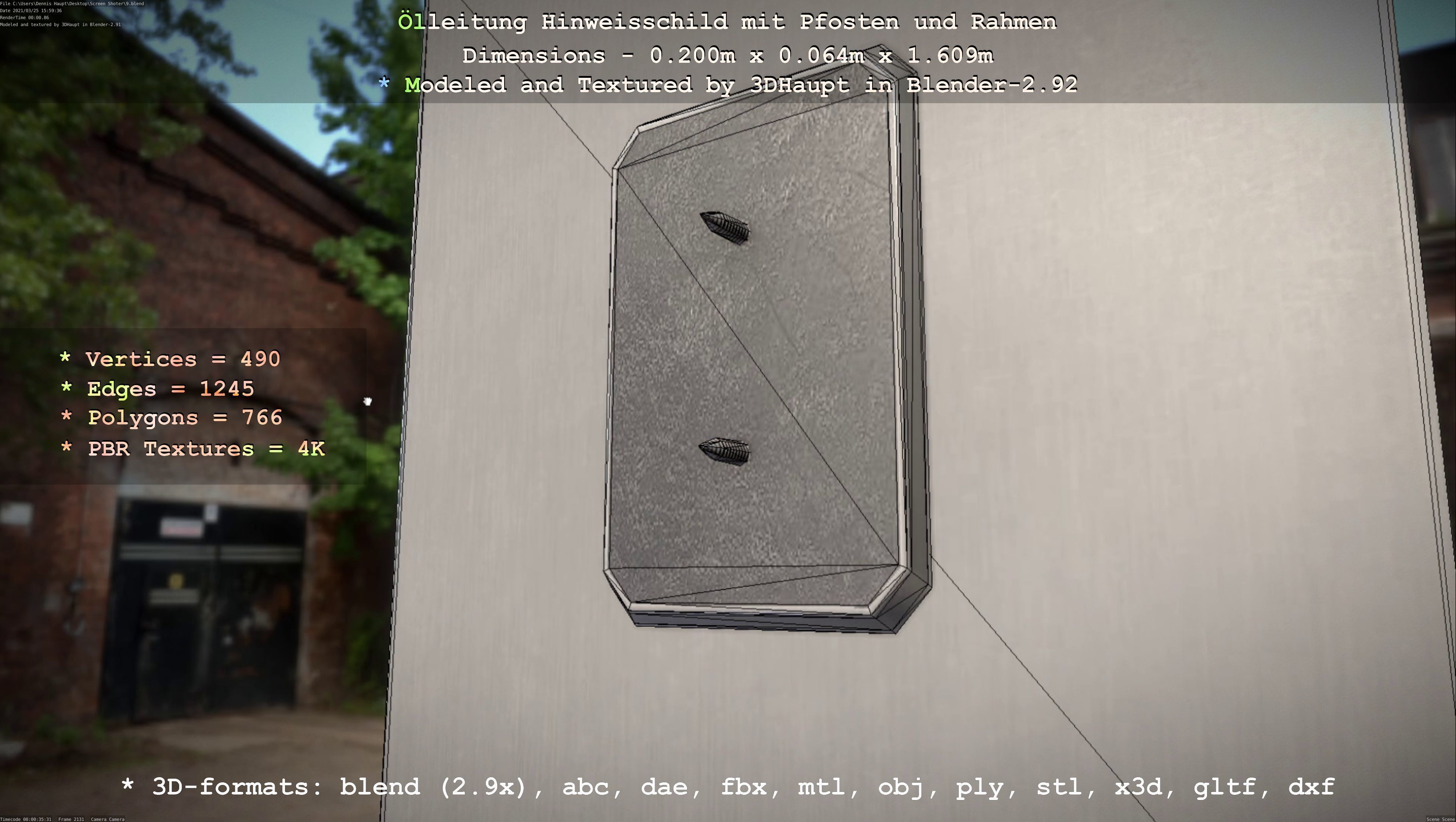 Hinweisschild Oelleitung mit Pfosten und Rahmen Low-poly 3D model_40