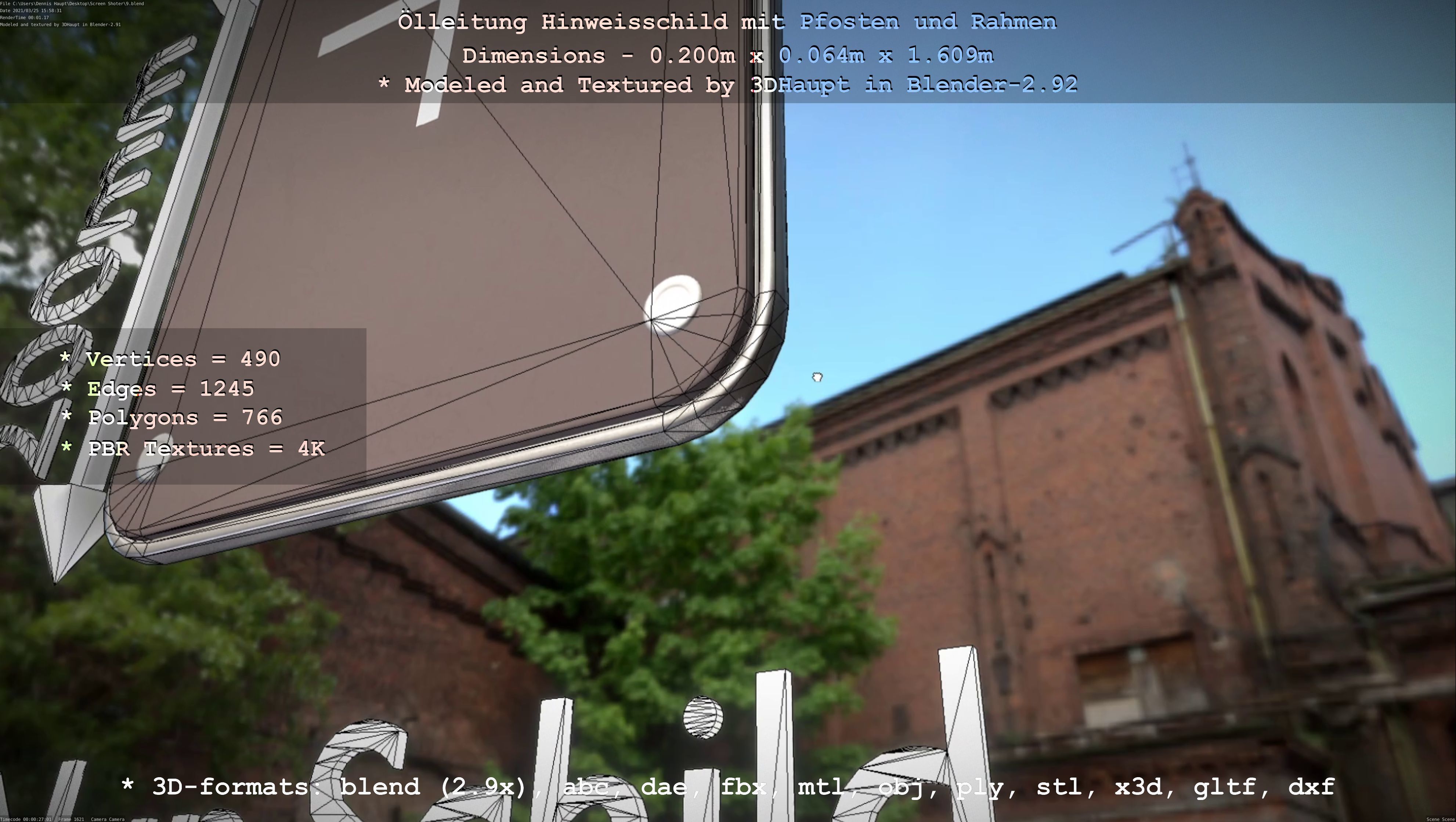 Hinweisschild Oelleitung mit Pfosten und Rahmen Low-poly 3D model_32